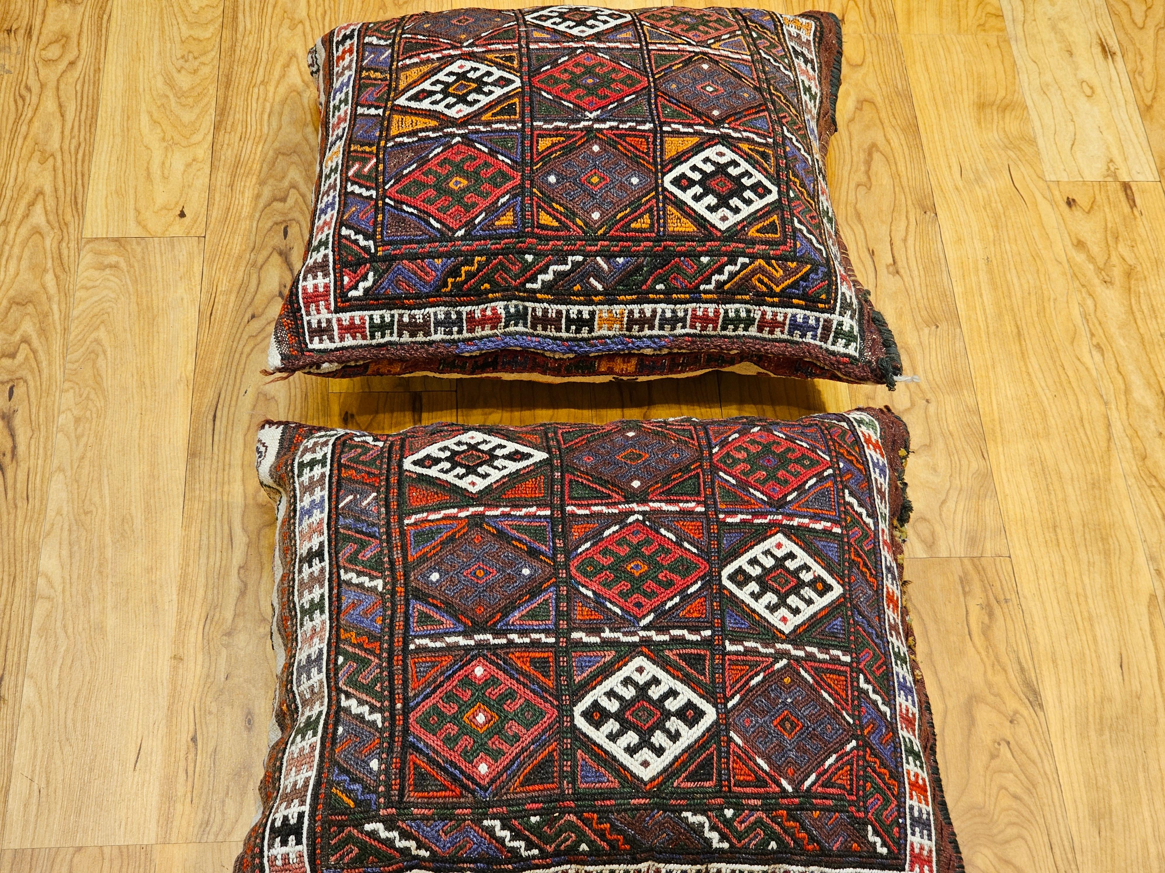 Pair of Kurdish Saddlebag Pillows in Red, Green, Ivory, Purple, Cornmeal For Sale 9