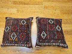 Handwoven Antique Kurdish Saddlebag Rug Pillows with Geometric Design
