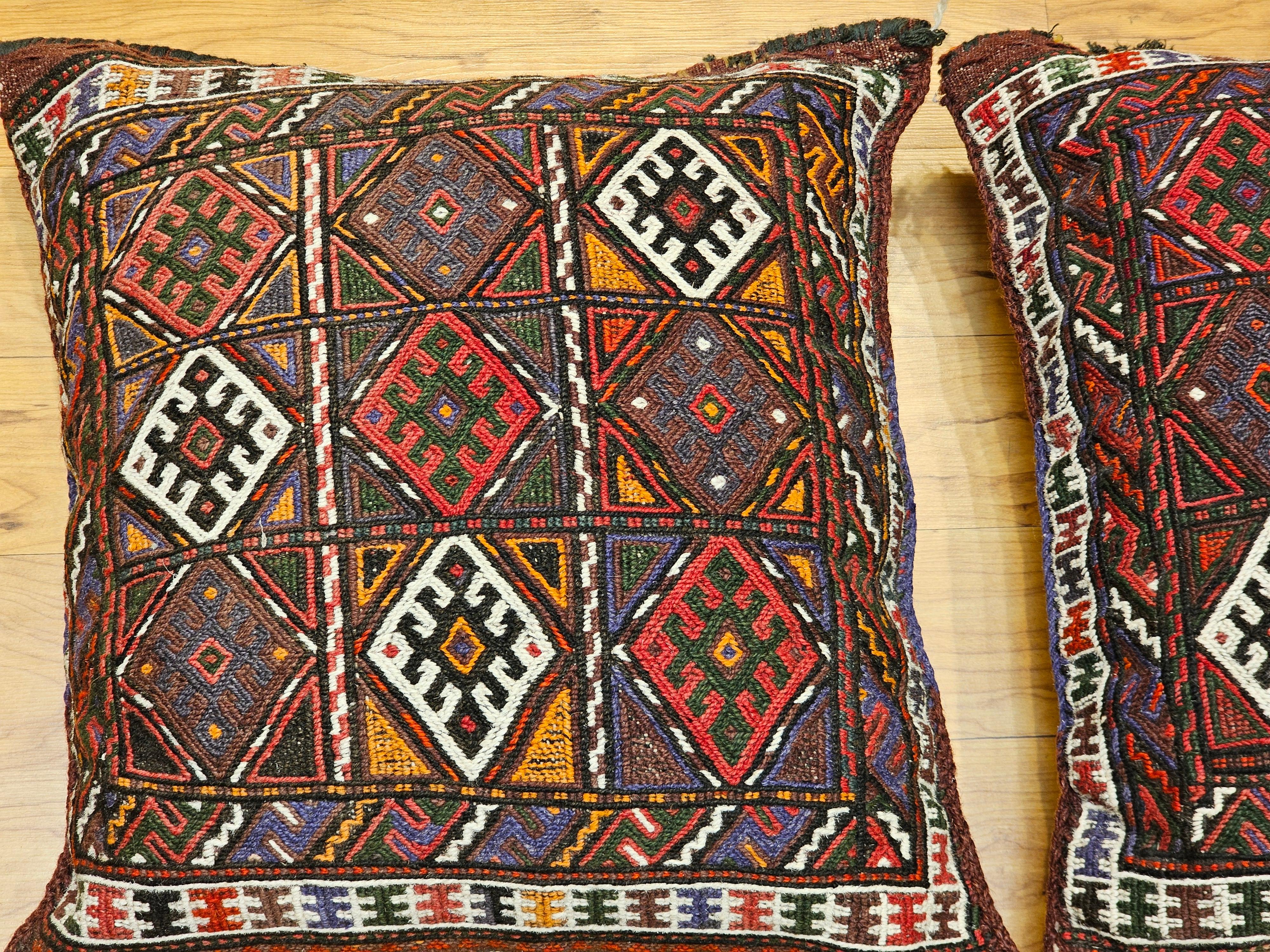 Pair of Kurdish Saddlebag Pillows in Red, Green, Ivory, Purple, Cornmeal For Sale 1