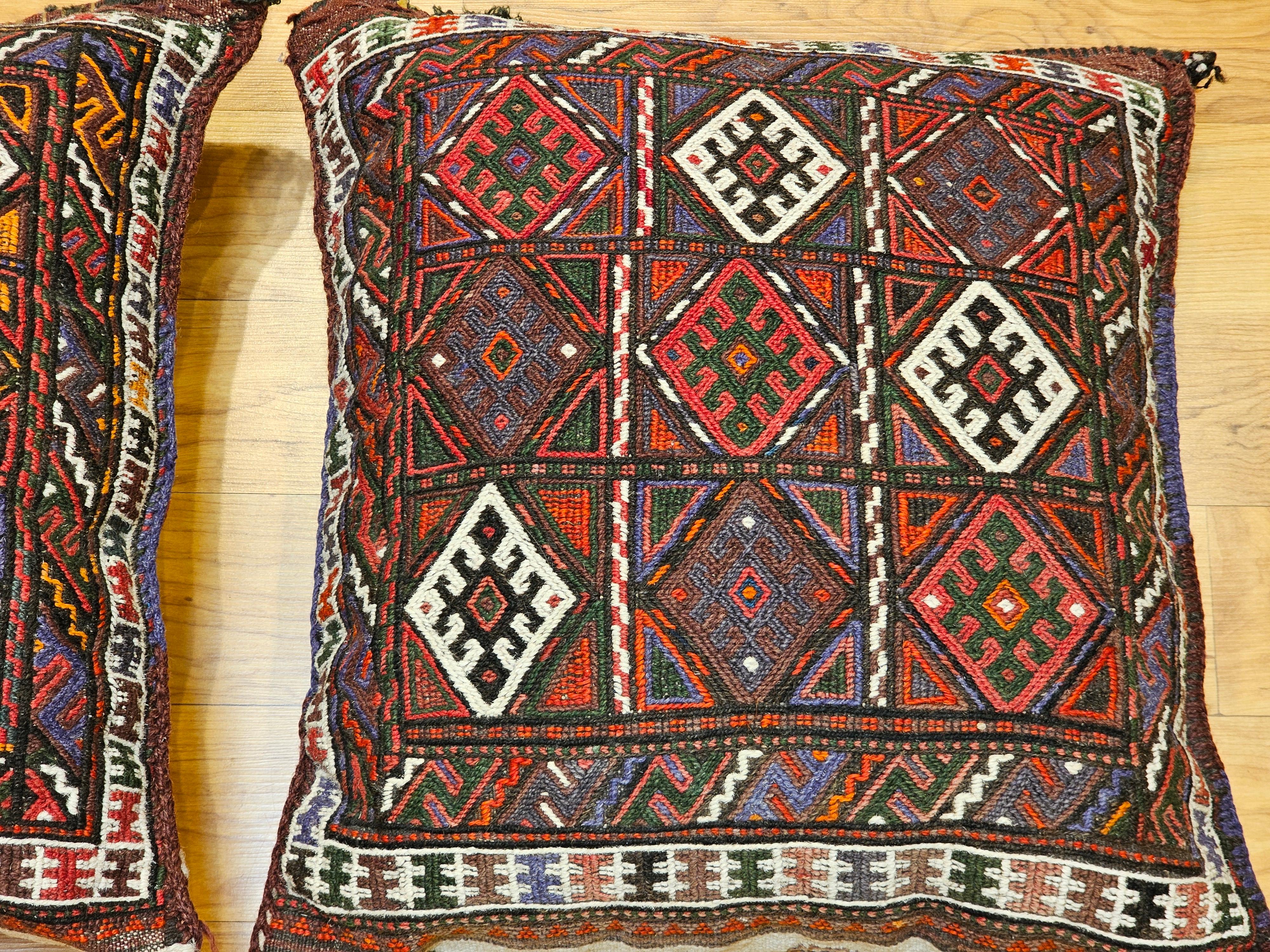 Pair of Kurdish Saddlebag Pillows in Red, Green, Ivory, Purple, Cornmeal For Sale 2