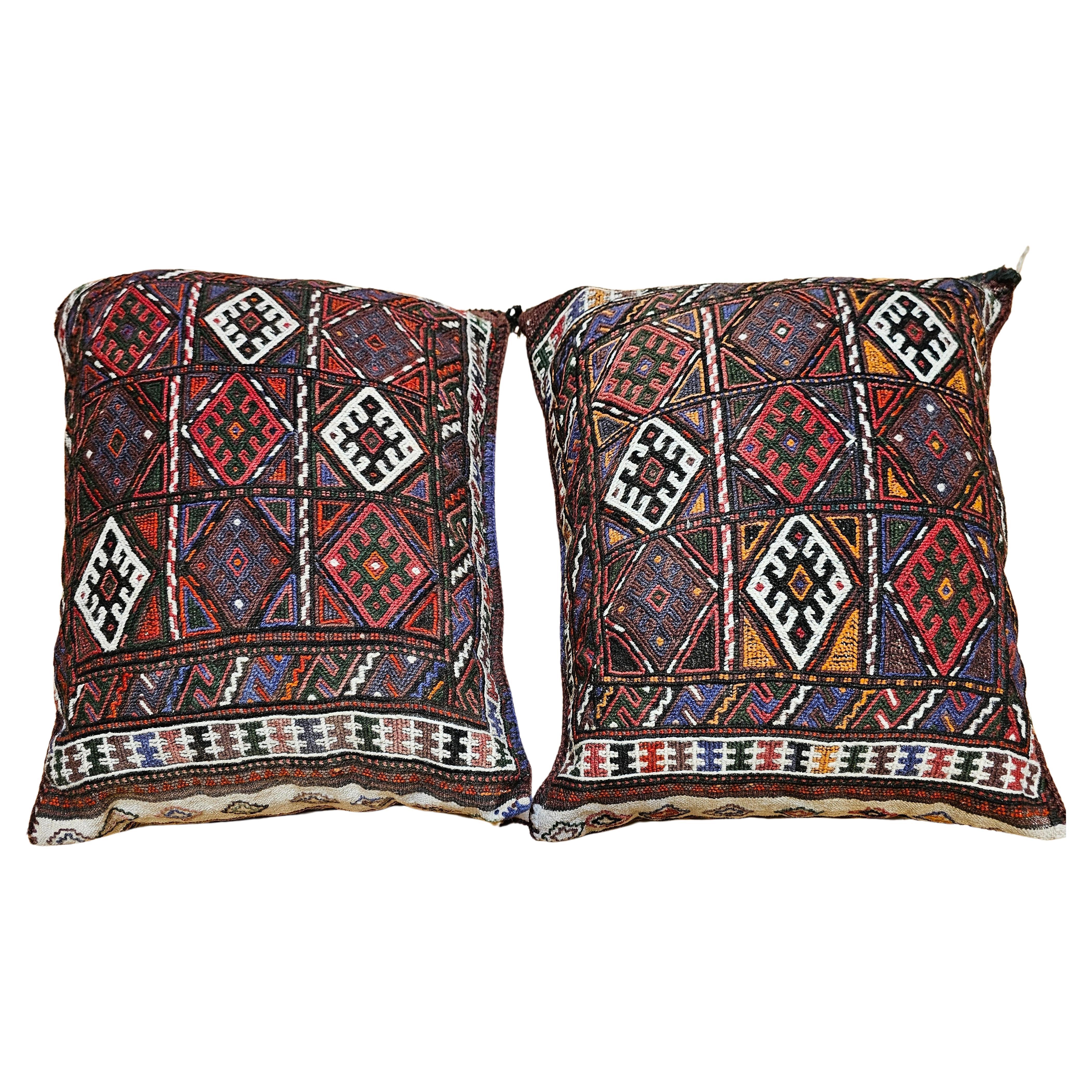 Pair of Kurdish Saddlebag Pillows in Red, Green, Ivory, Purple, Cornmeal For Sale