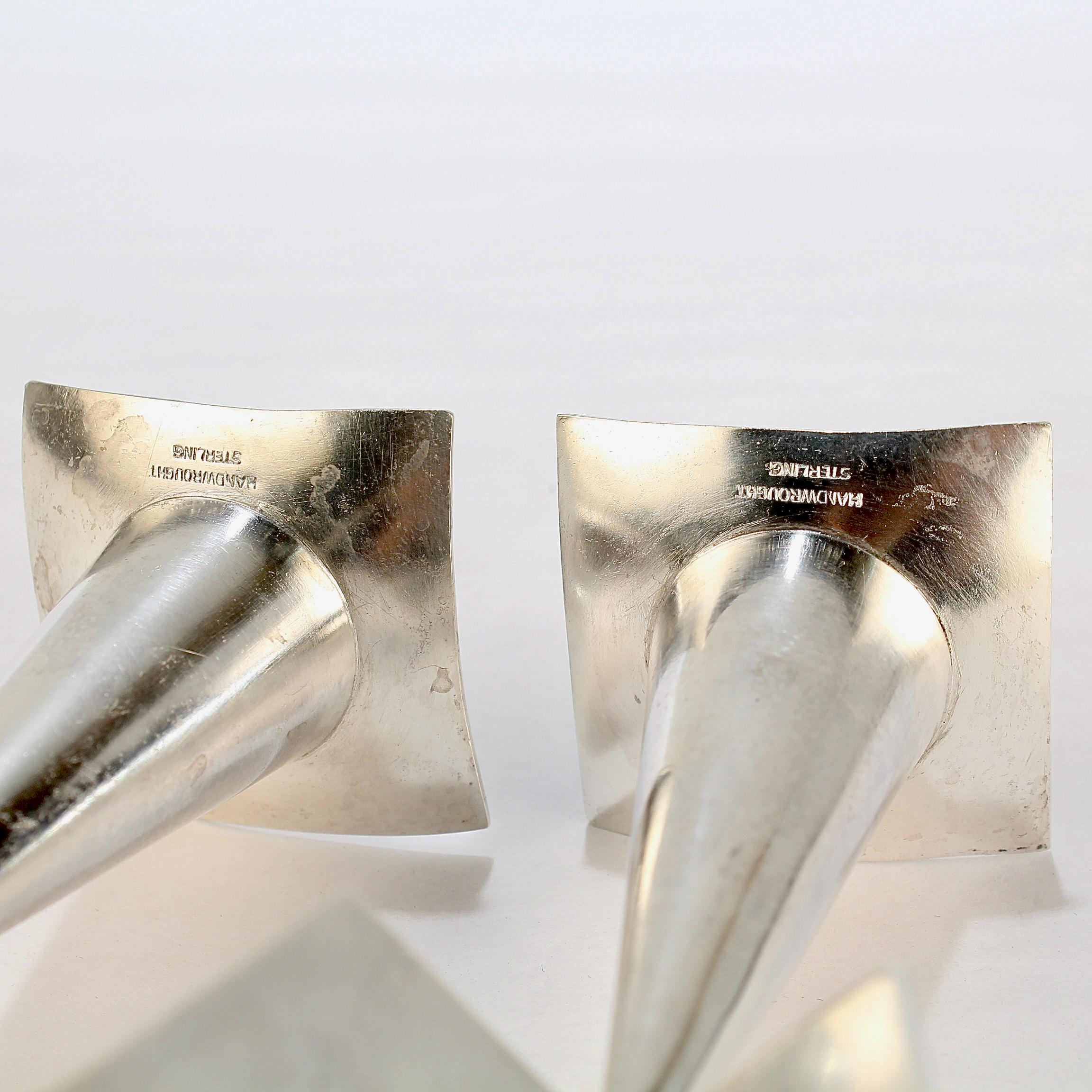 Women's or Men's Pair of Kurt Matzdorf Modernist Handwrought Sterling Silver Candlesticks For Sale