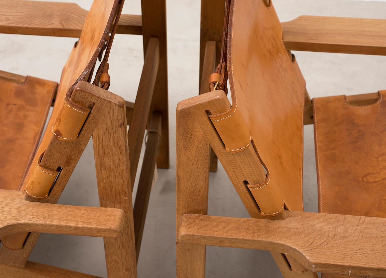 Danish Pair of Kurt Ostervig Hunting Chairs in Oak and Leather, Denmark, 1960s