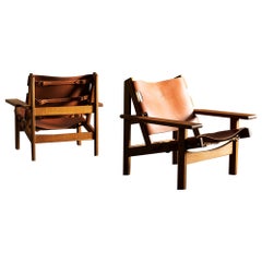 Pair of Kurt Ostervig Hunting Chairs in Oak and Leather, Denmark, 1960s