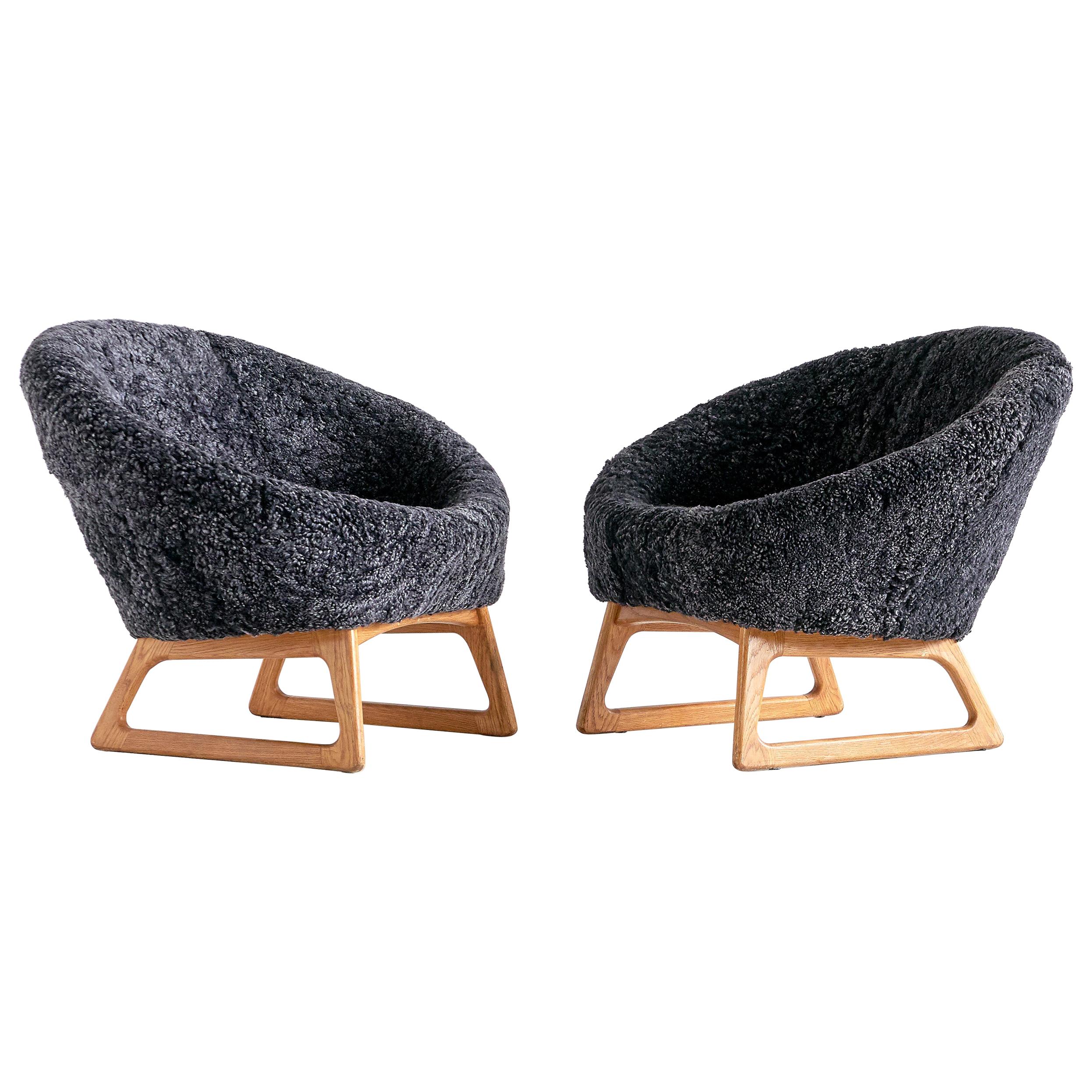 Pair of Kurt Østervig Sheepskin Lounge Chairs, Rolschau Møbler, Denmark, 1958