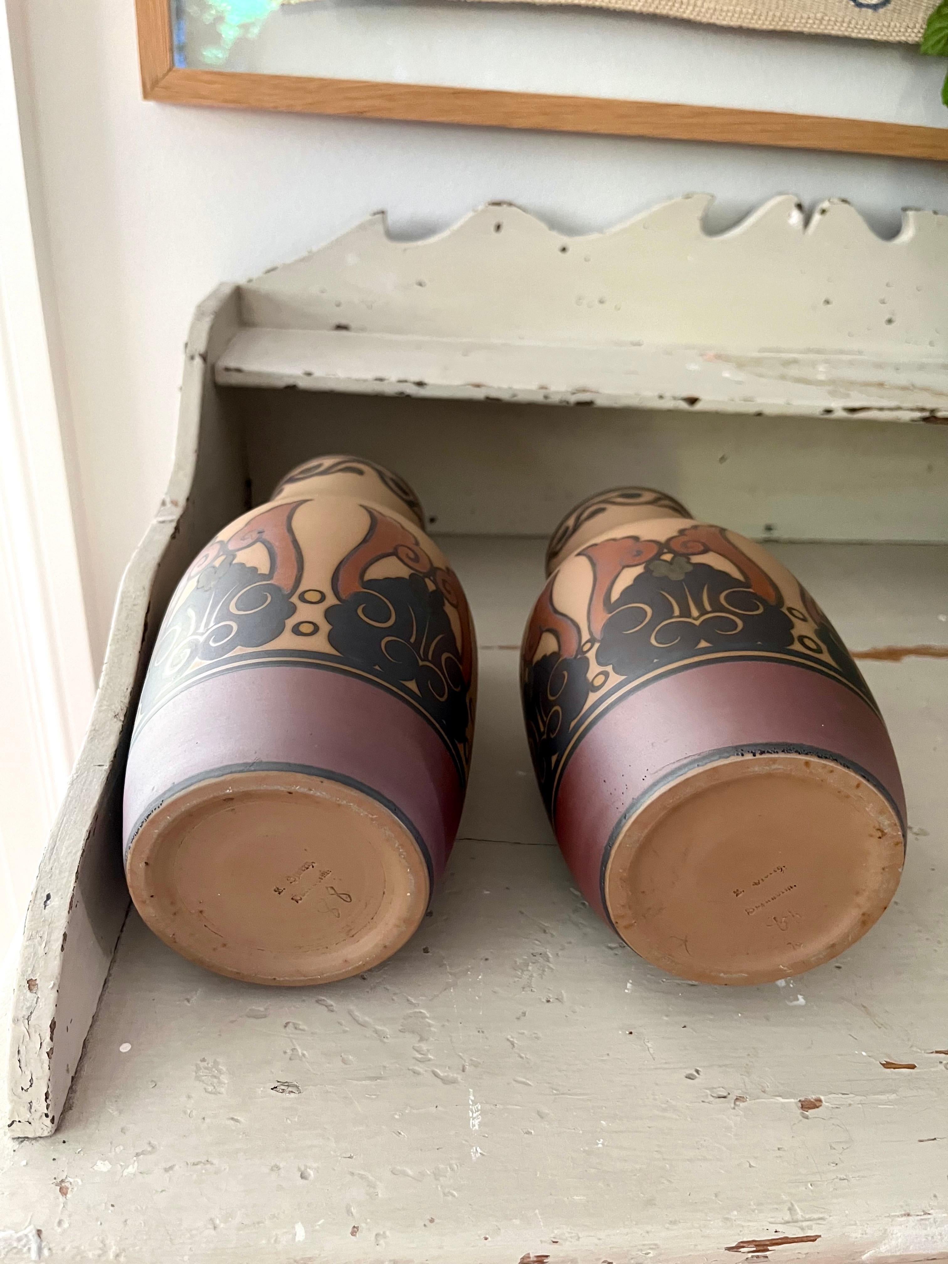 Pair of L. Hjorth Art Nouveau Ceramic Vases Hand Decorated, Denmark, 1930s For Sale 6