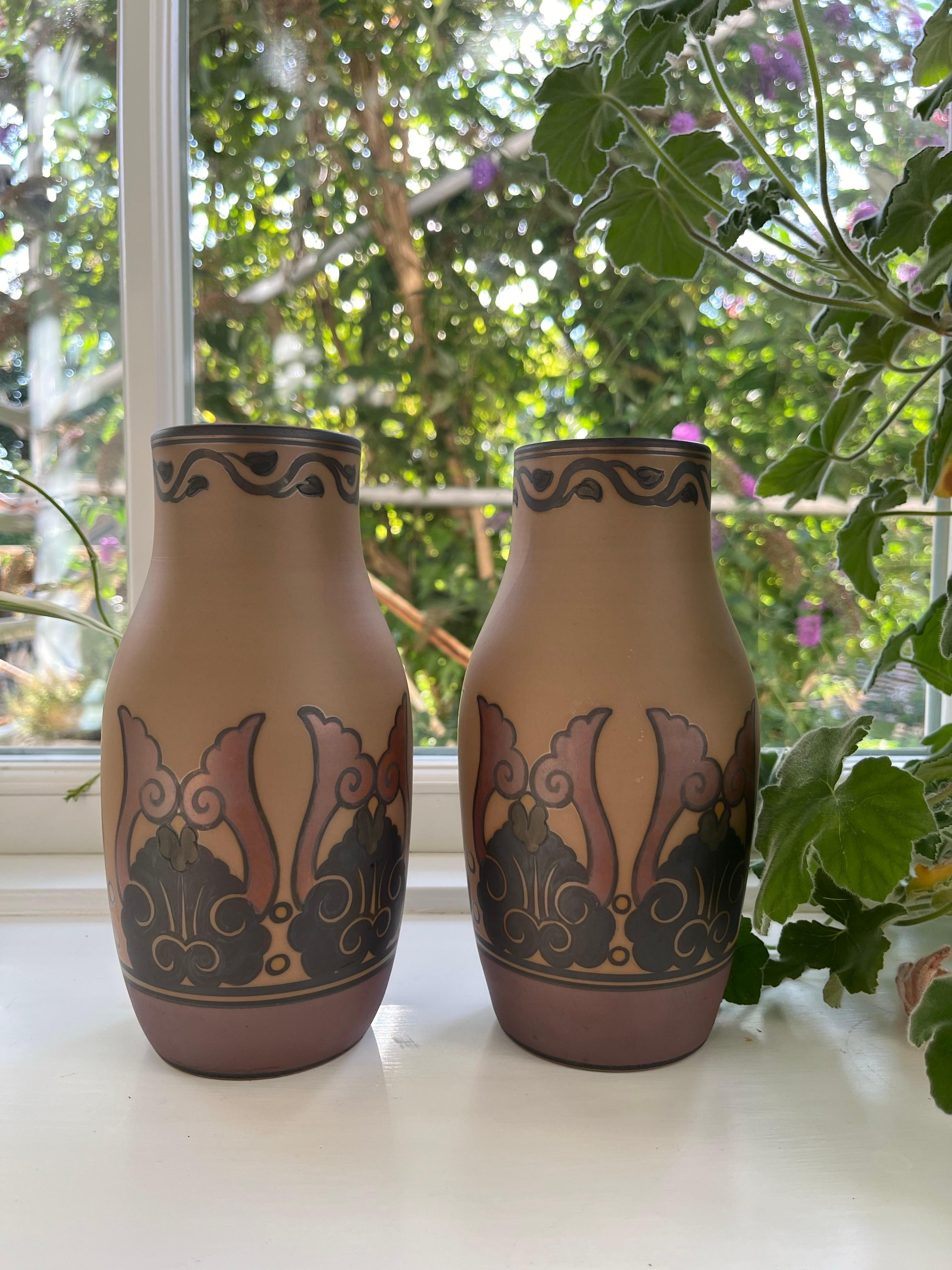 Pair of L. Hjorth Art Nouveau Ceramic Vases Hand Decorated, Denmark, 1930s For Sale 9
