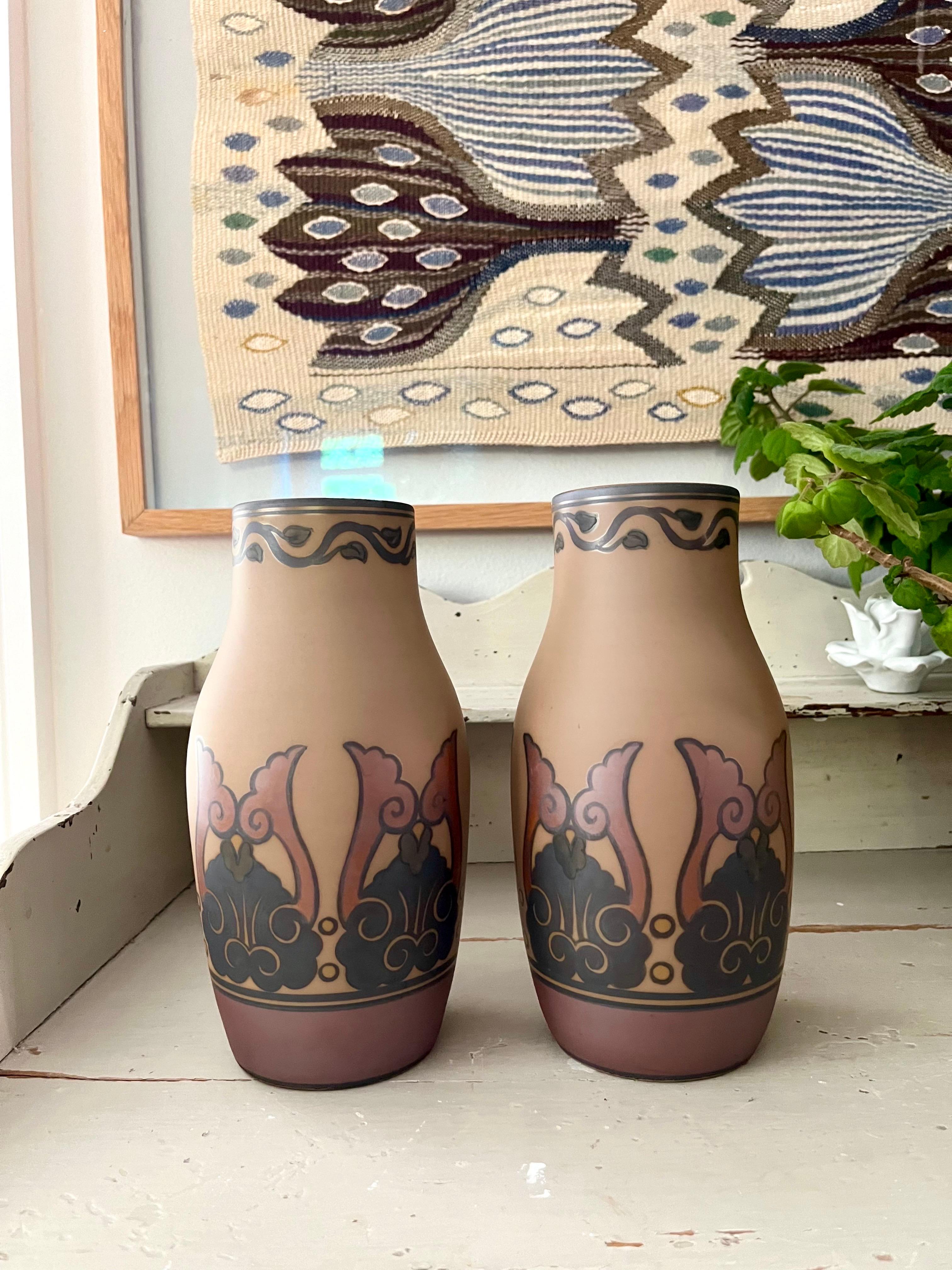 Danish Pair of L. Hjorth Art Nouveau Ceramic Vases Hand Decorated, Denmark, 1930s For Sale