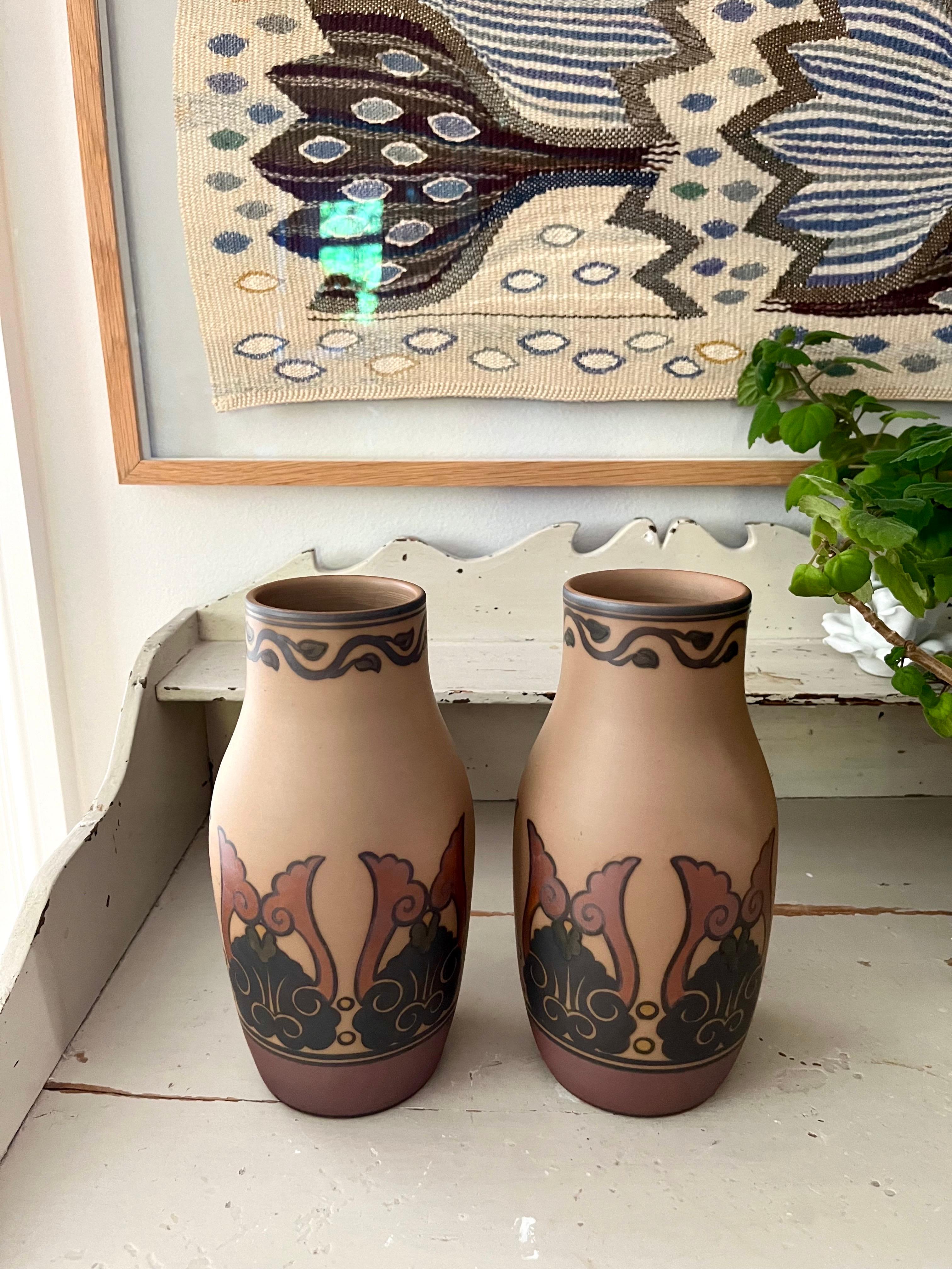 Hand-Crafted Pair of L. Hjorth Art Nouveau Ceramic Vases Hand Decorated, Denmark, 1930s For Sale