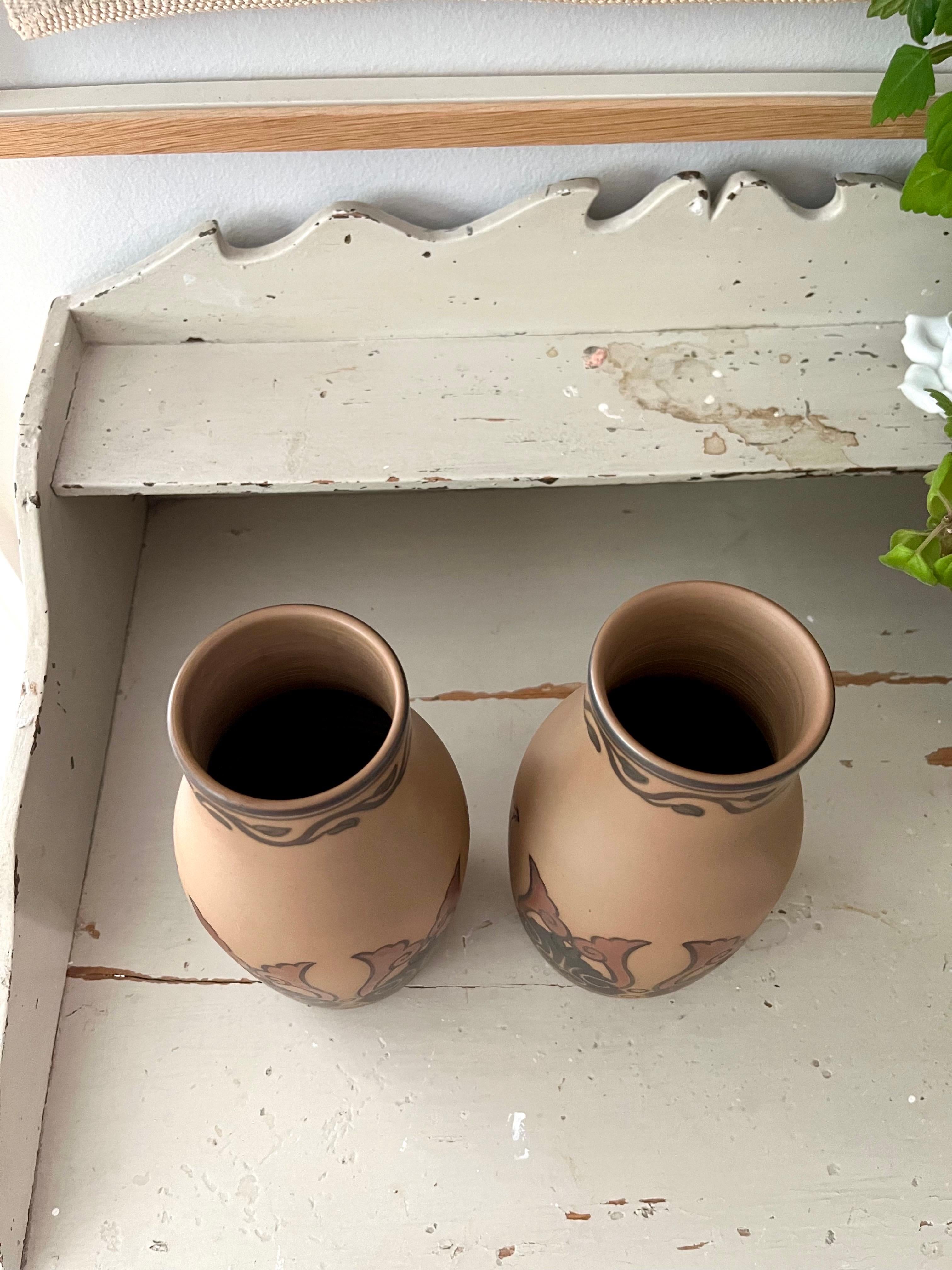 Pair of L. Hjorth Art Nouveau Ceramic Vases Hand Decorated, Denmark, 1930s In Good Condition For Sale In Frederiksberg C, DK