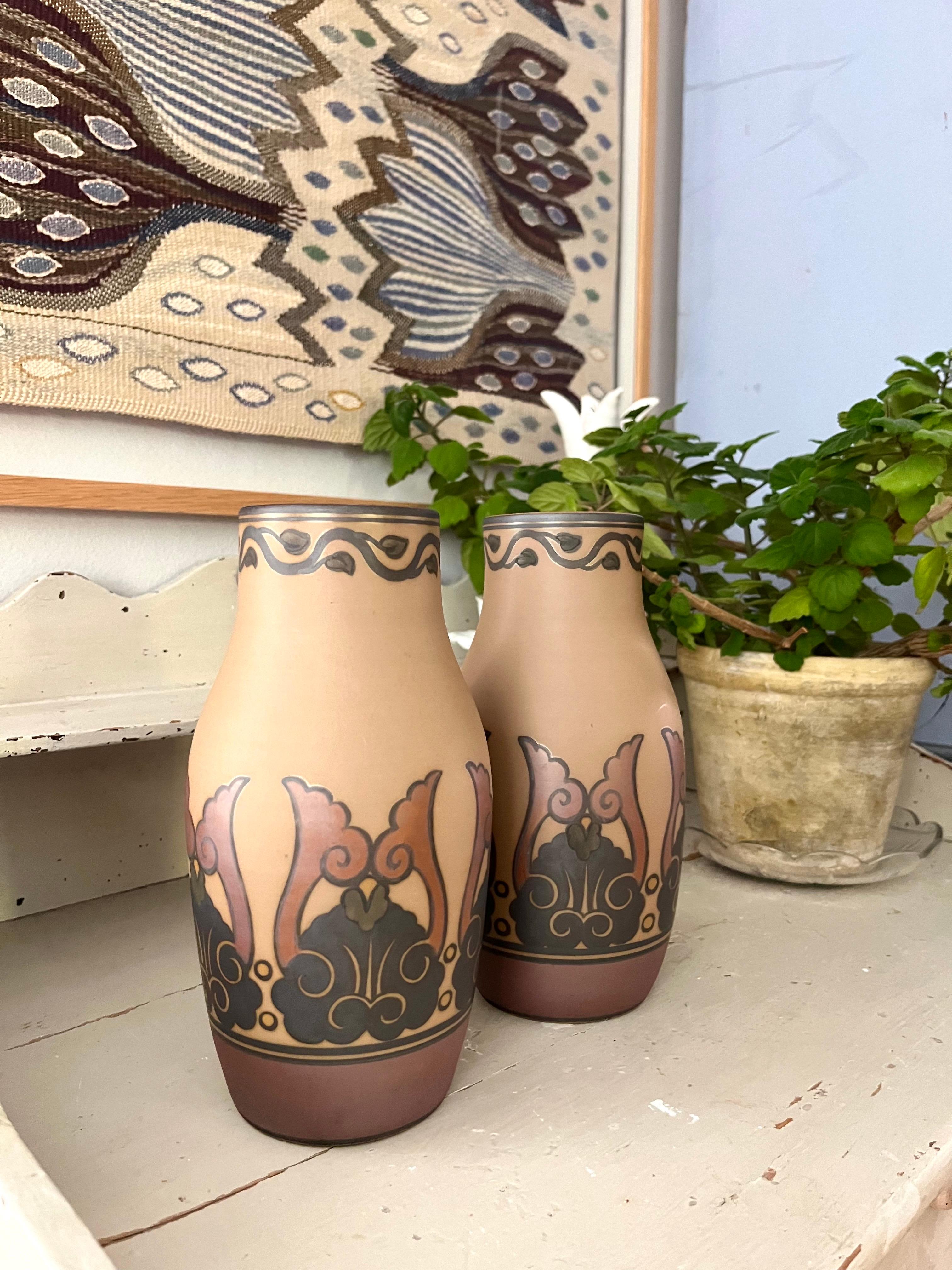 Mid-20th Century Pair of L. Hjorth Art Nouveau Ceramic Vases Hand Decorated, Denmark, 1930s For Sale