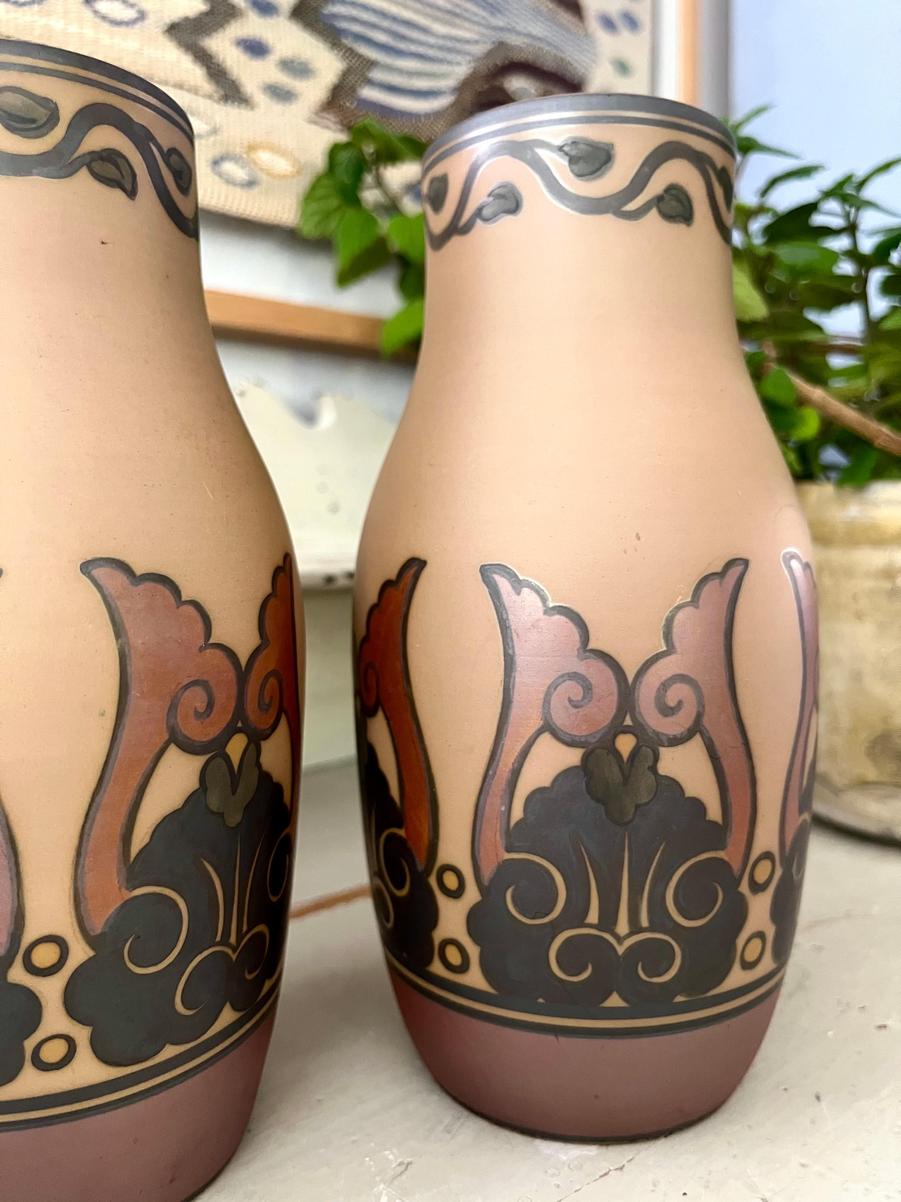 Pair of L. Hjorth Art Nouveau Ceramic Vases Hand Decorated, Denmark, 1930s For Sale 1