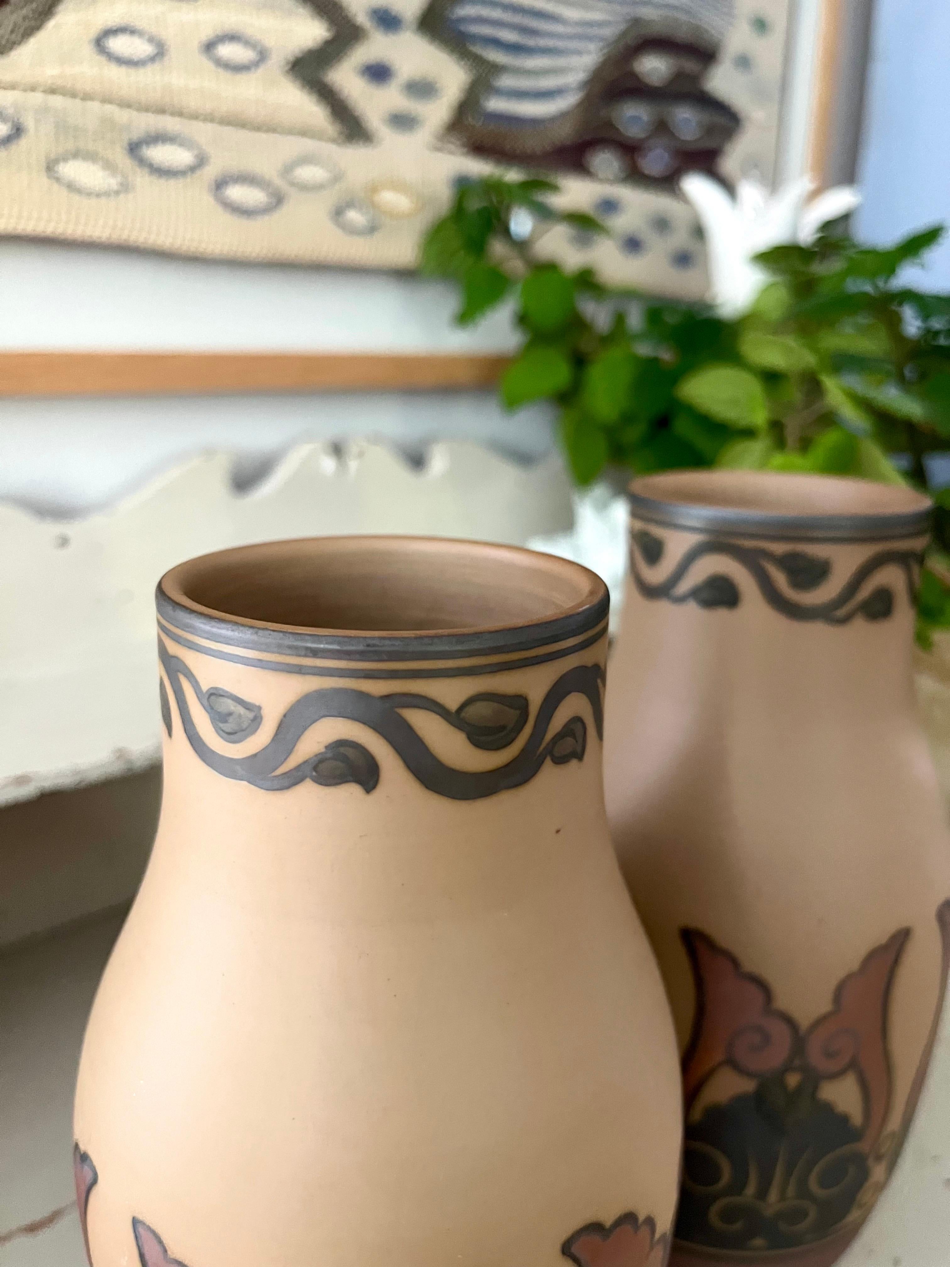 Pair of L. Hjorth Art Nouveau Ceramic Vases Hand Decorated, Denmark, 1930s For Sale 2