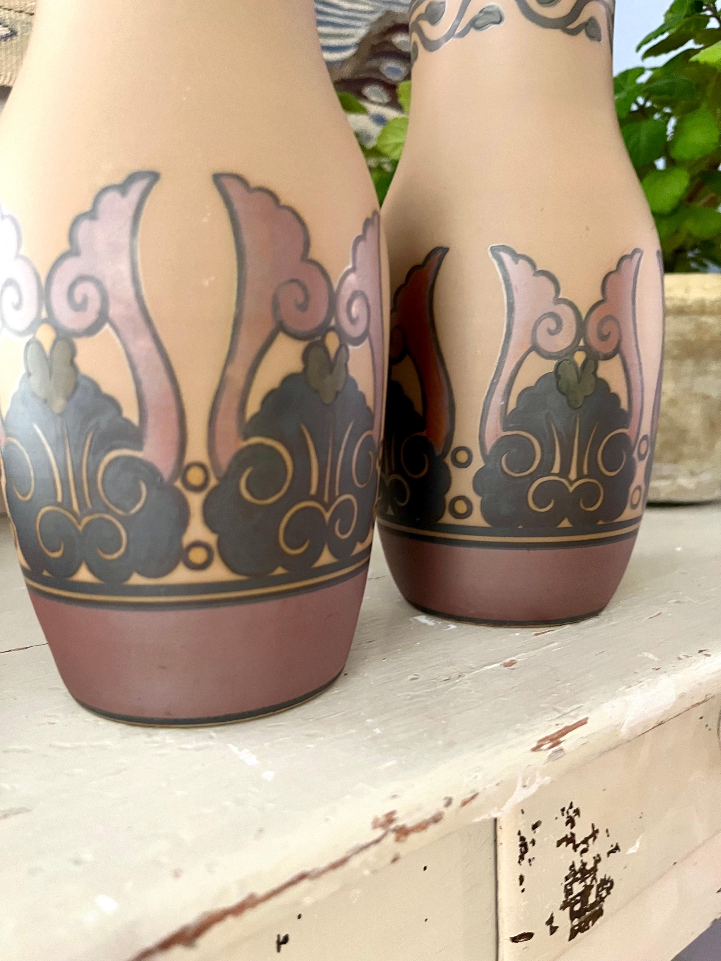 Pair of L. Hjorth Art Nouveau Ceramic Vases Hand Decorated, Denmark, 1930s For Sale 3