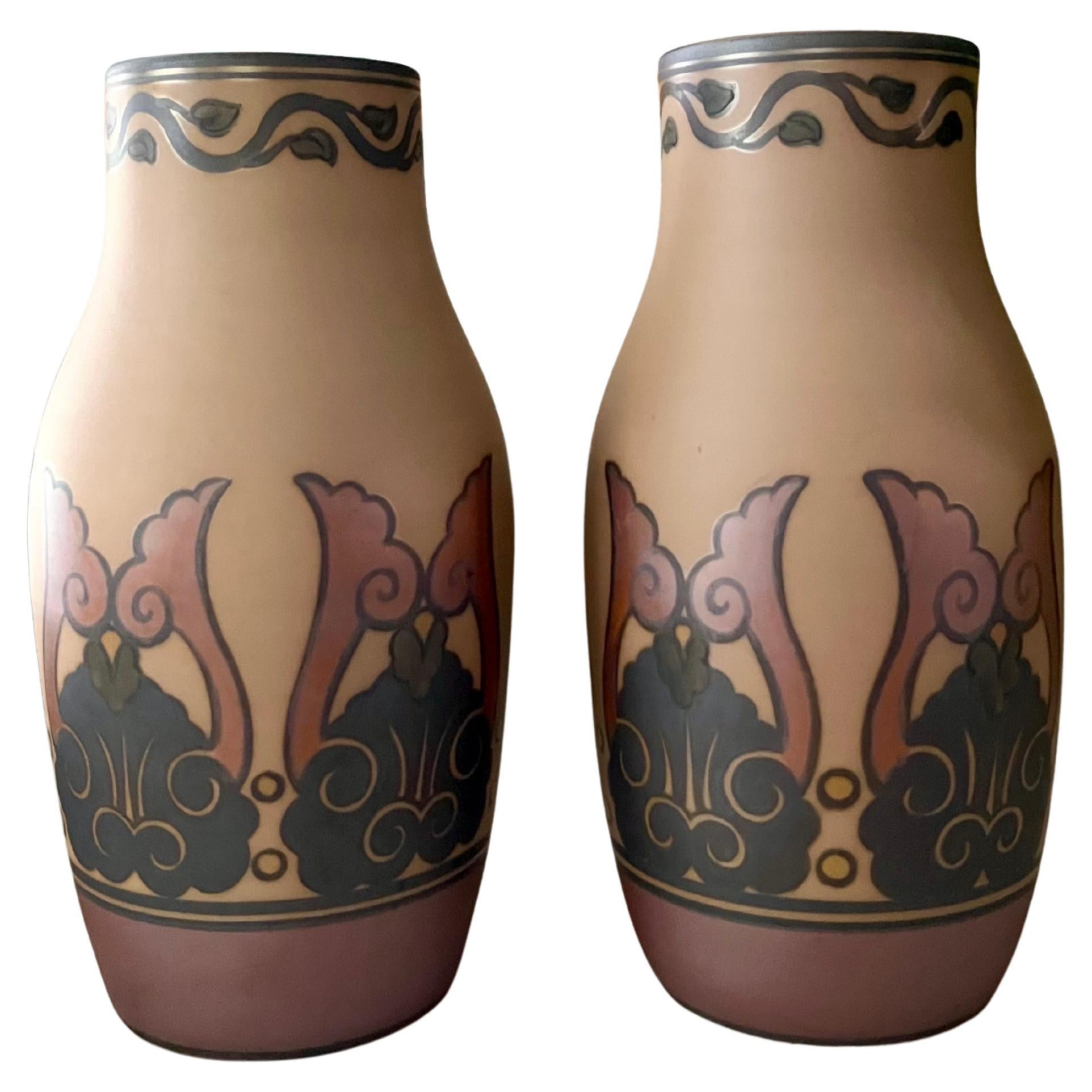 Paar Jugendstil-Keramikvasen von L. Hjorth, handbemalt, Dänemark, 1930er Jahre