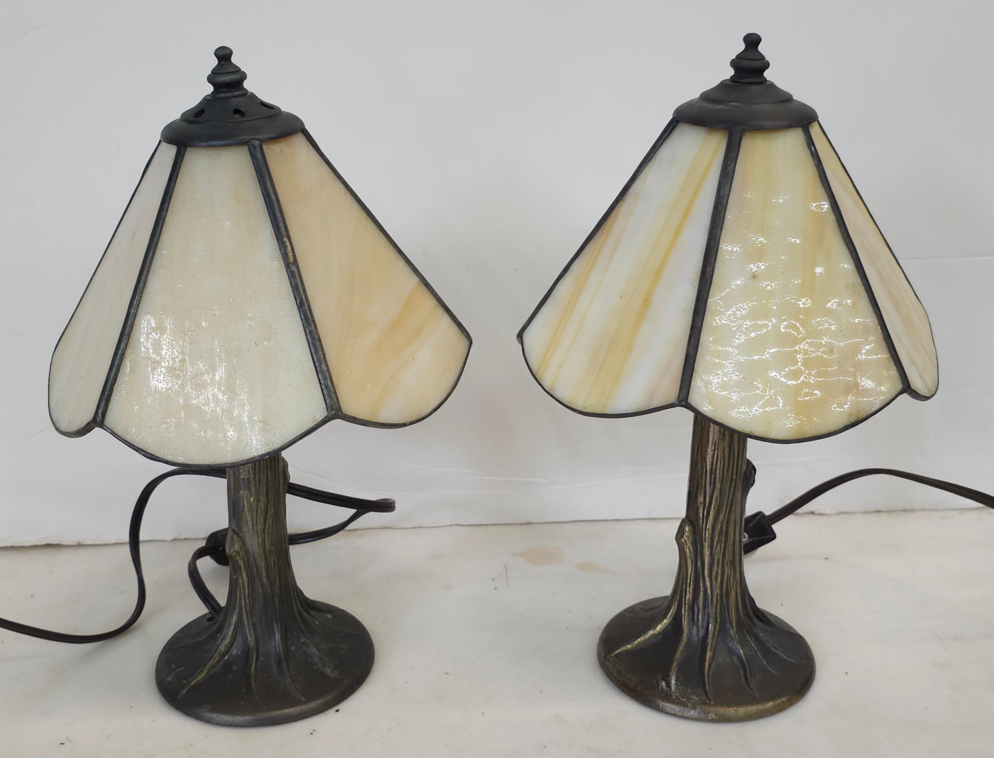 Pair of L & L WMC Tiffa Mini Metal and Slag  Glass Lamps.  Measures 6.5