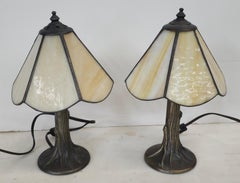 Pair of L & LWMC Tiffa Mini Metal and Slag Glass Lamps