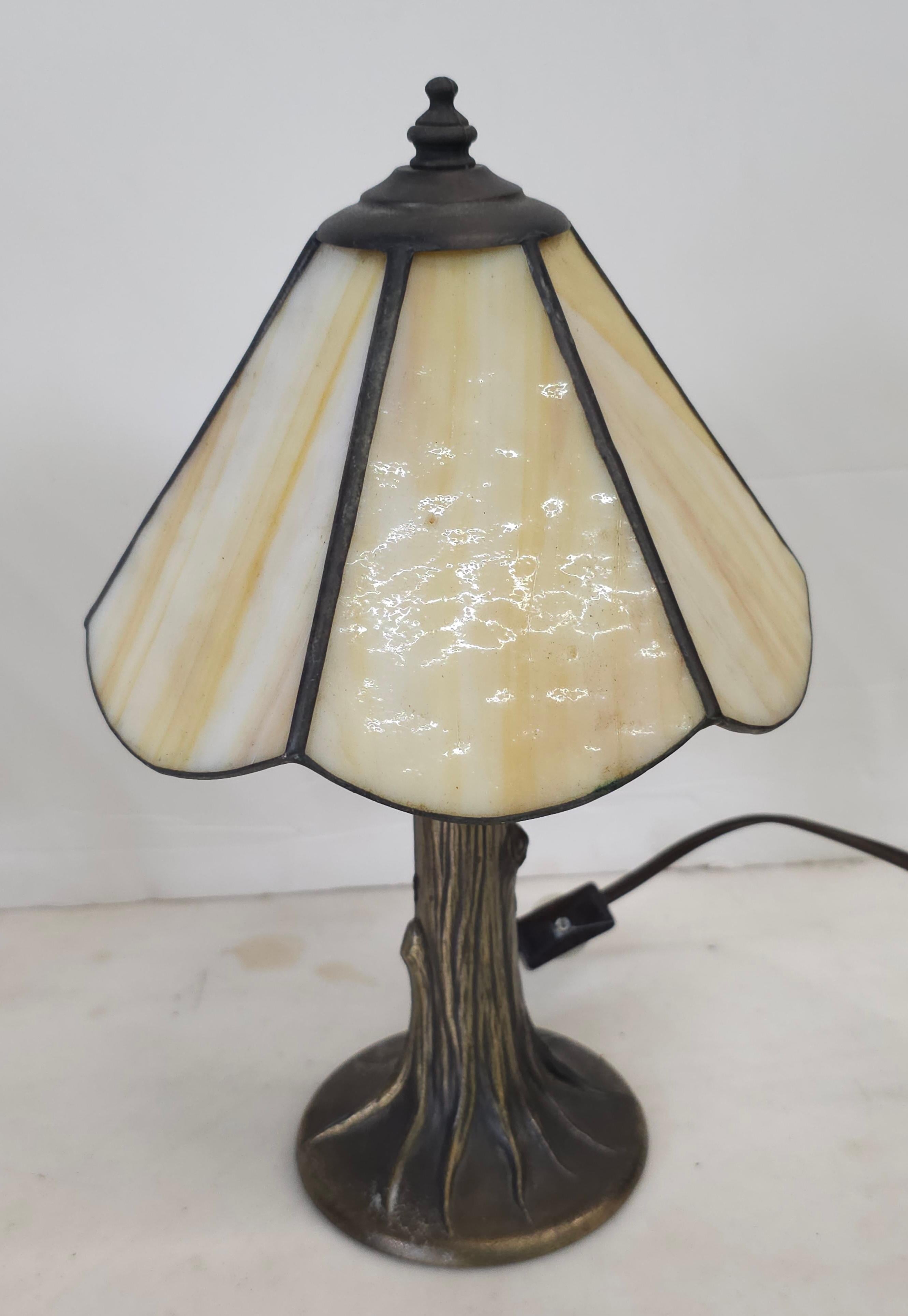 Mid-Century Modern Pair of L & LWMC Tiffa Mini Metal and Slag Glass Lamps For Sale