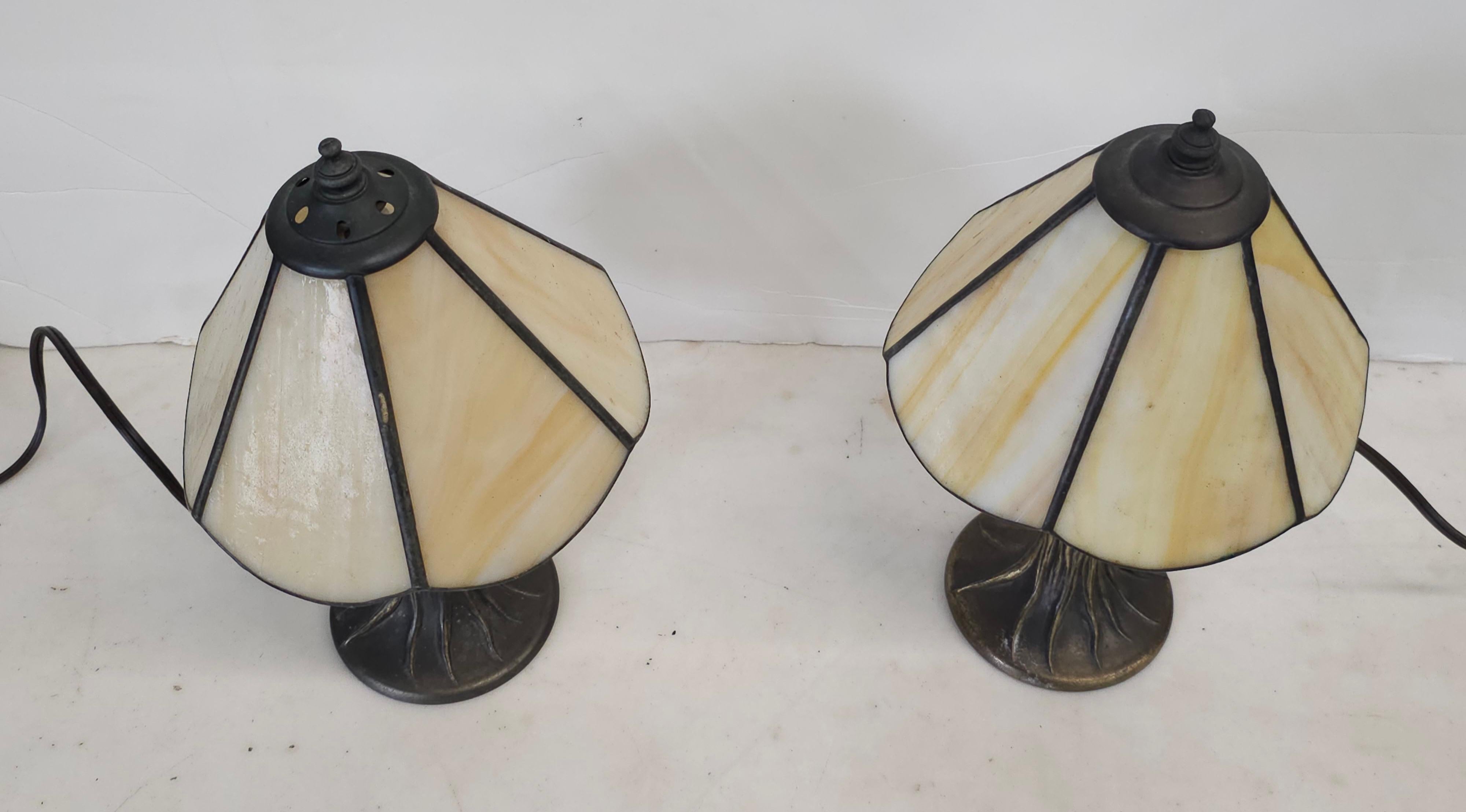 American Pair of L & LWMC Tiffa Mini Metal and Slag Glass Lamps For Sale