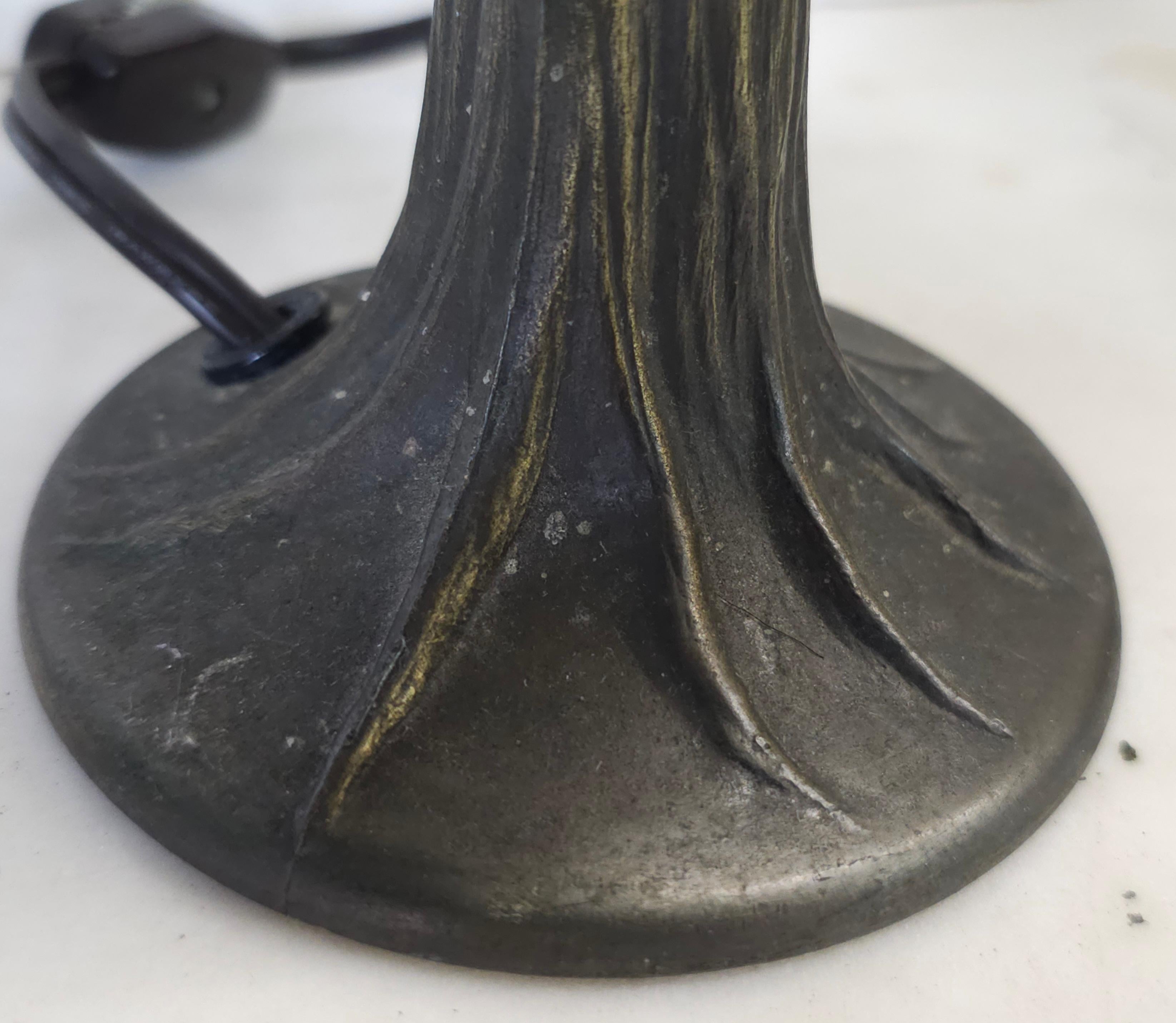 Pair of L & LWMC Tiffa Mini Metal and Slag Glass Lamps In Good Condition For Sale In Germantown, MD