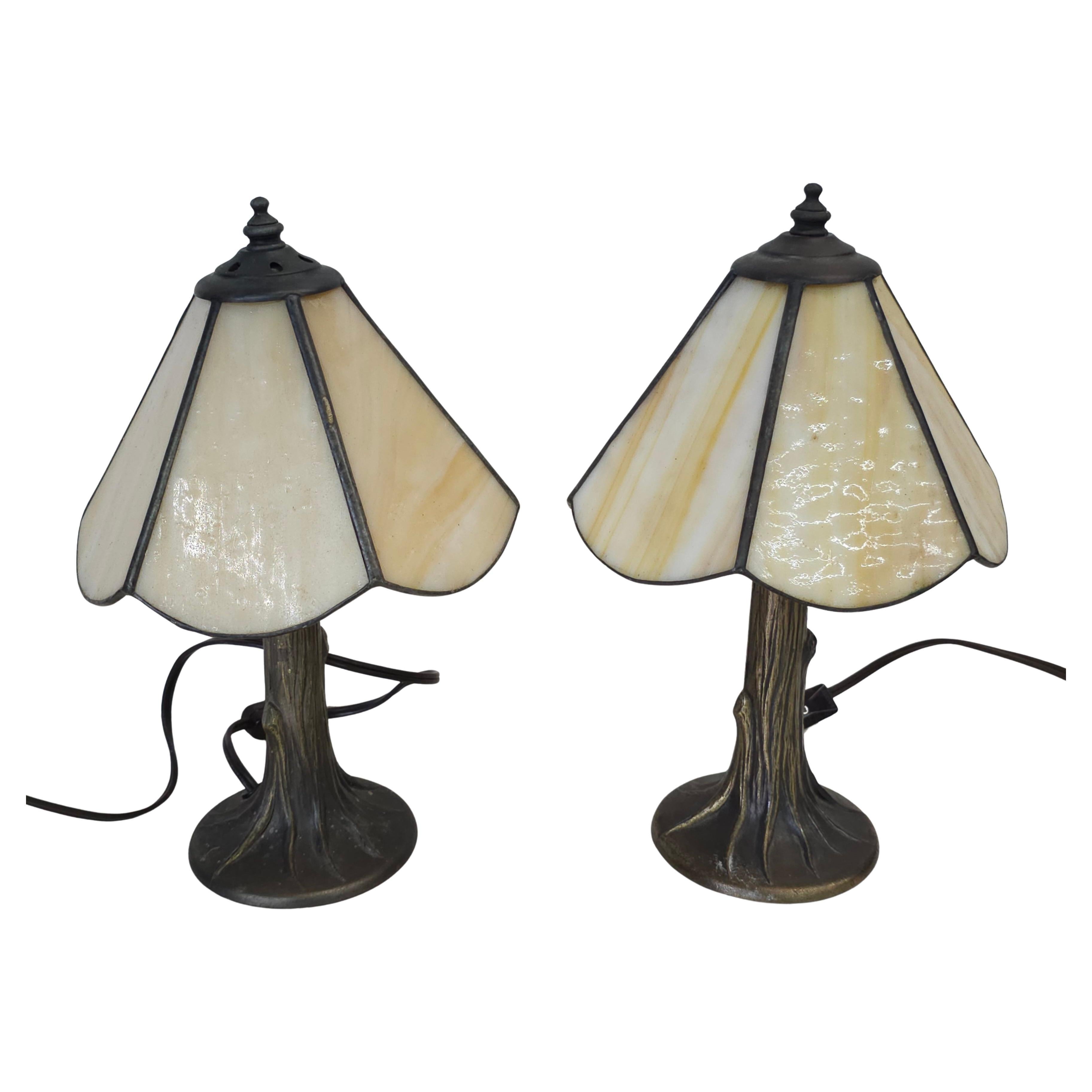 Pair of L & LWMC Tiffa Mini Metal and Slag Glass Lamps