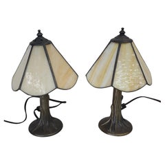 Pair of L & LWMC Tiffa Mini Metal and Slag Glass Lamps