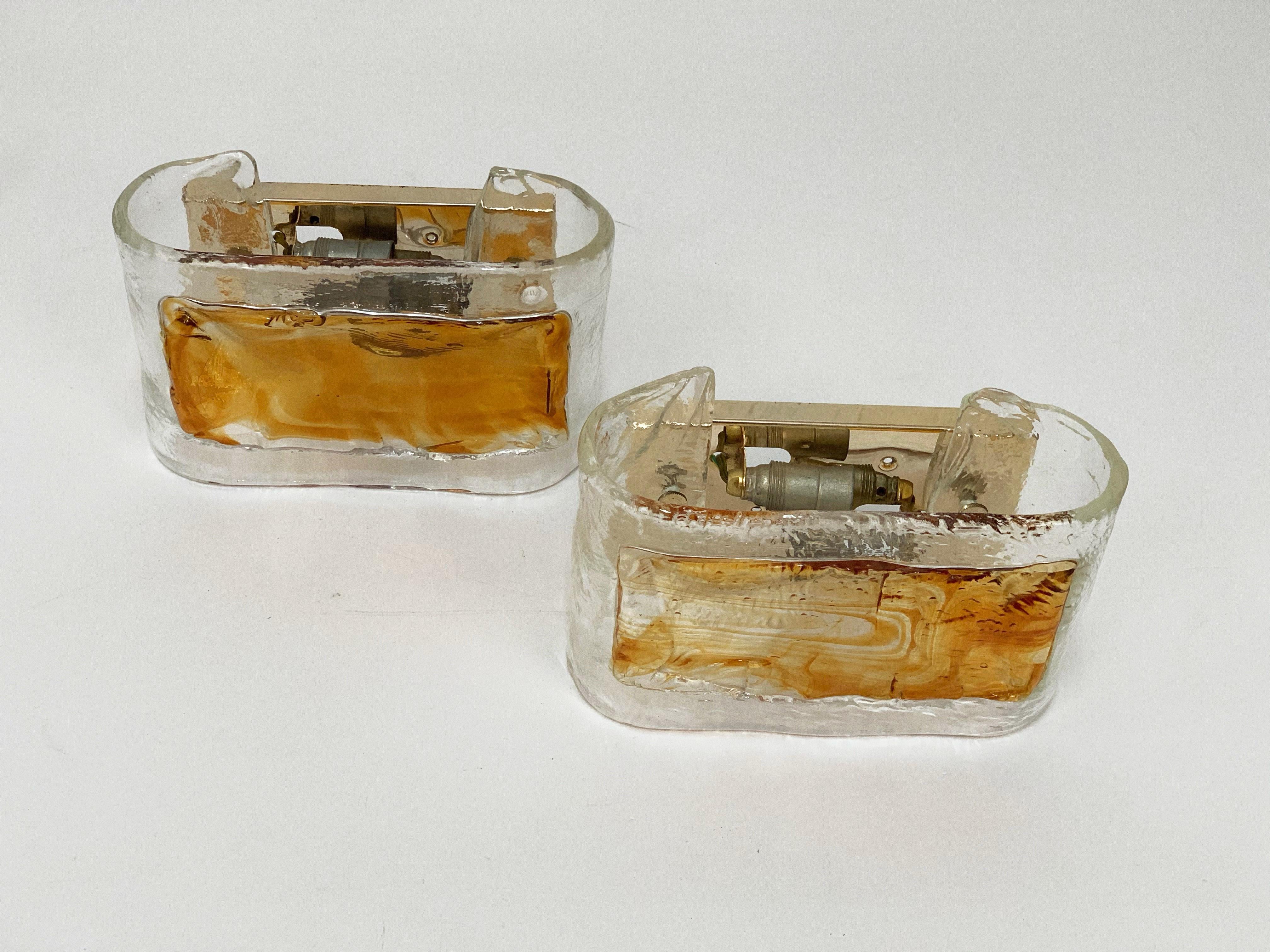 Pair of La Murrina Midcentury Steel and Amber Murano Glass Italian Sconces 1970s 2