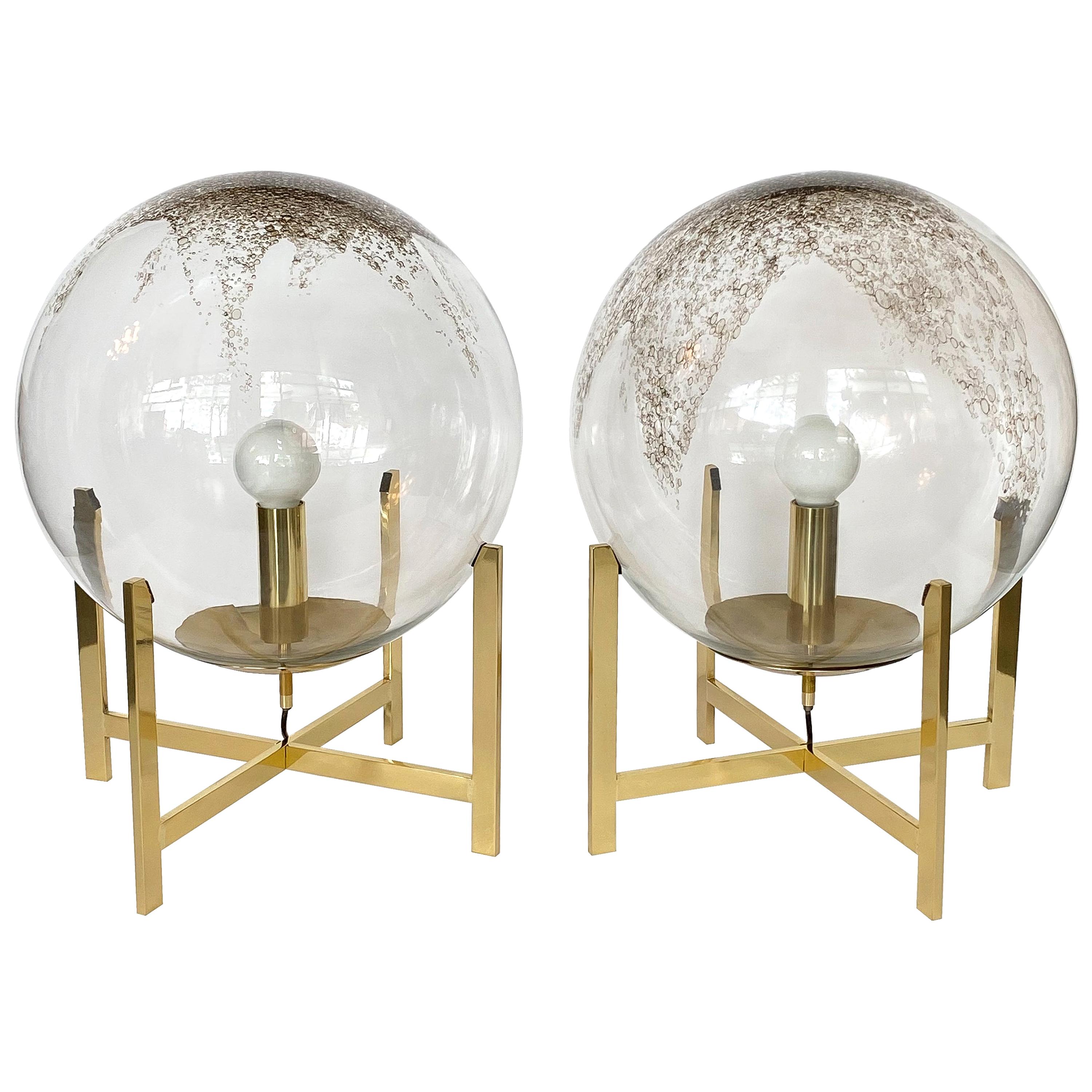 Pair of La Murrina Murano Glass Globes and Brass Table Lamps
