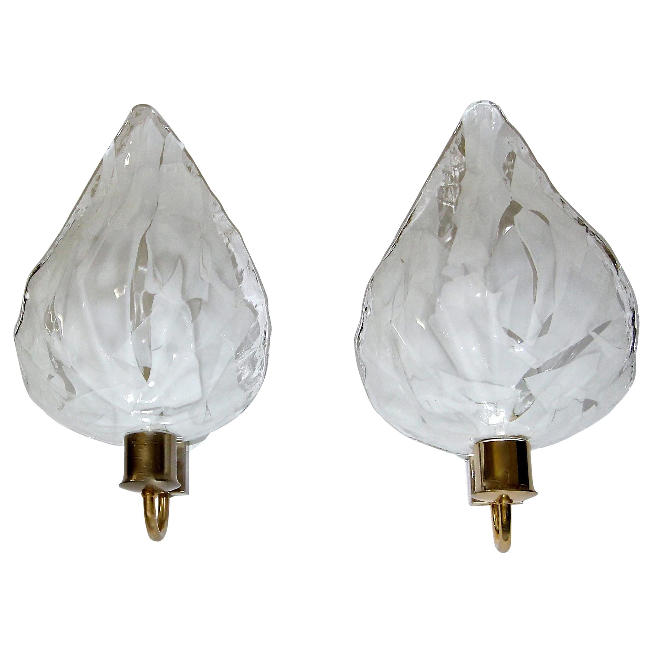 Pair of La Murrina Murano White and Clear Glass Leaf Wall Sconces For Sale