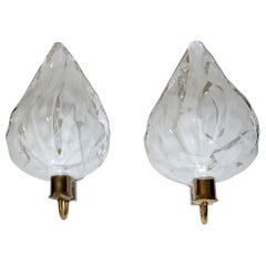 Vintage Pair of La Murrina Murano White and Clear Glass Leaf Wall Sconces