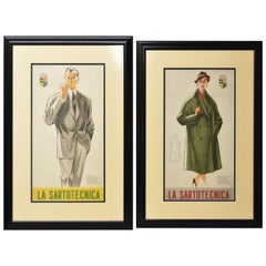 Coppia di stampe pubblicitarie vintage di La Sartotecnica Milano Lady & Man