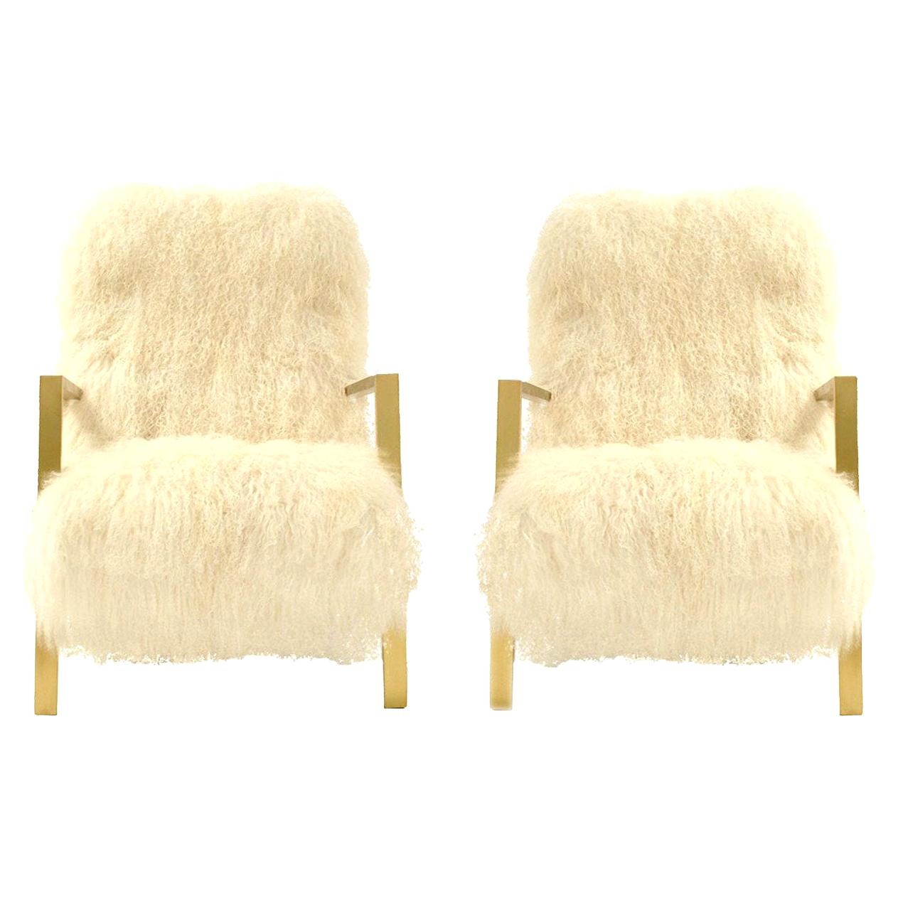 Pair of L.A. Studio Contemporary Modern White Mongolian Goat Italian Armchairs For Sale