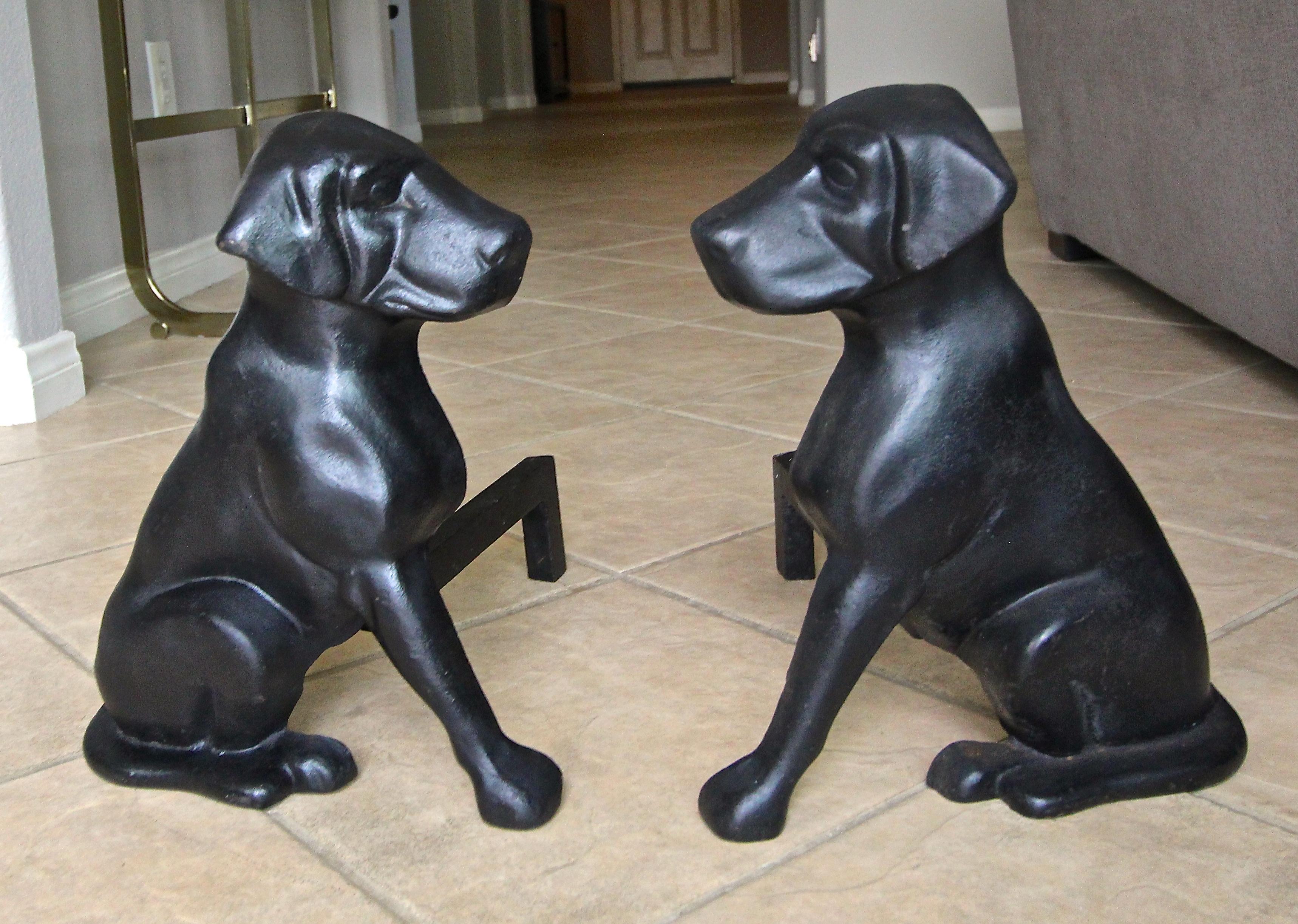 Iron Pair of Labrador Dog Fireplace Andirons