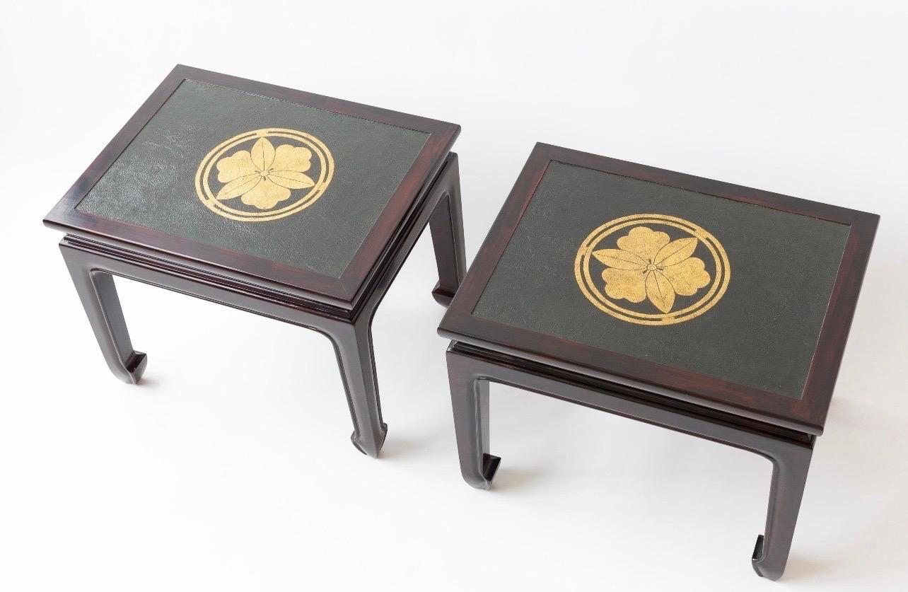 Chinese Export Pair of Lacquer Coffee Tables with Antique Japanese Leather Tops For Sale