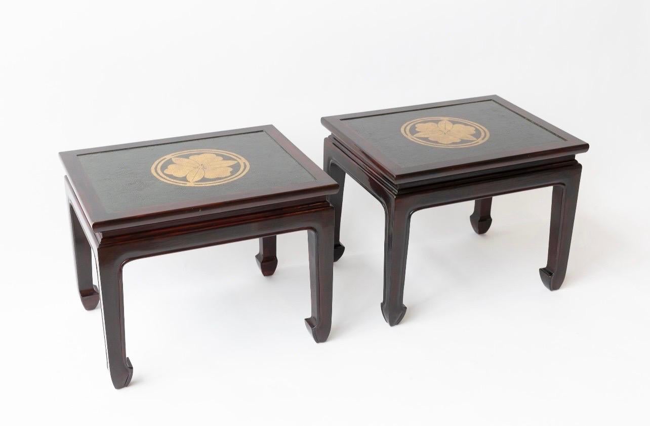 American Pair of Lacquer Coffee Tables with Antique Japanese Leather Tops For Sale