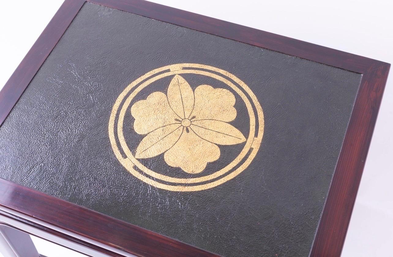 Lacquered Pair of Lacquer Coffee Tables with Antique Japanese Leather Tops For Sale