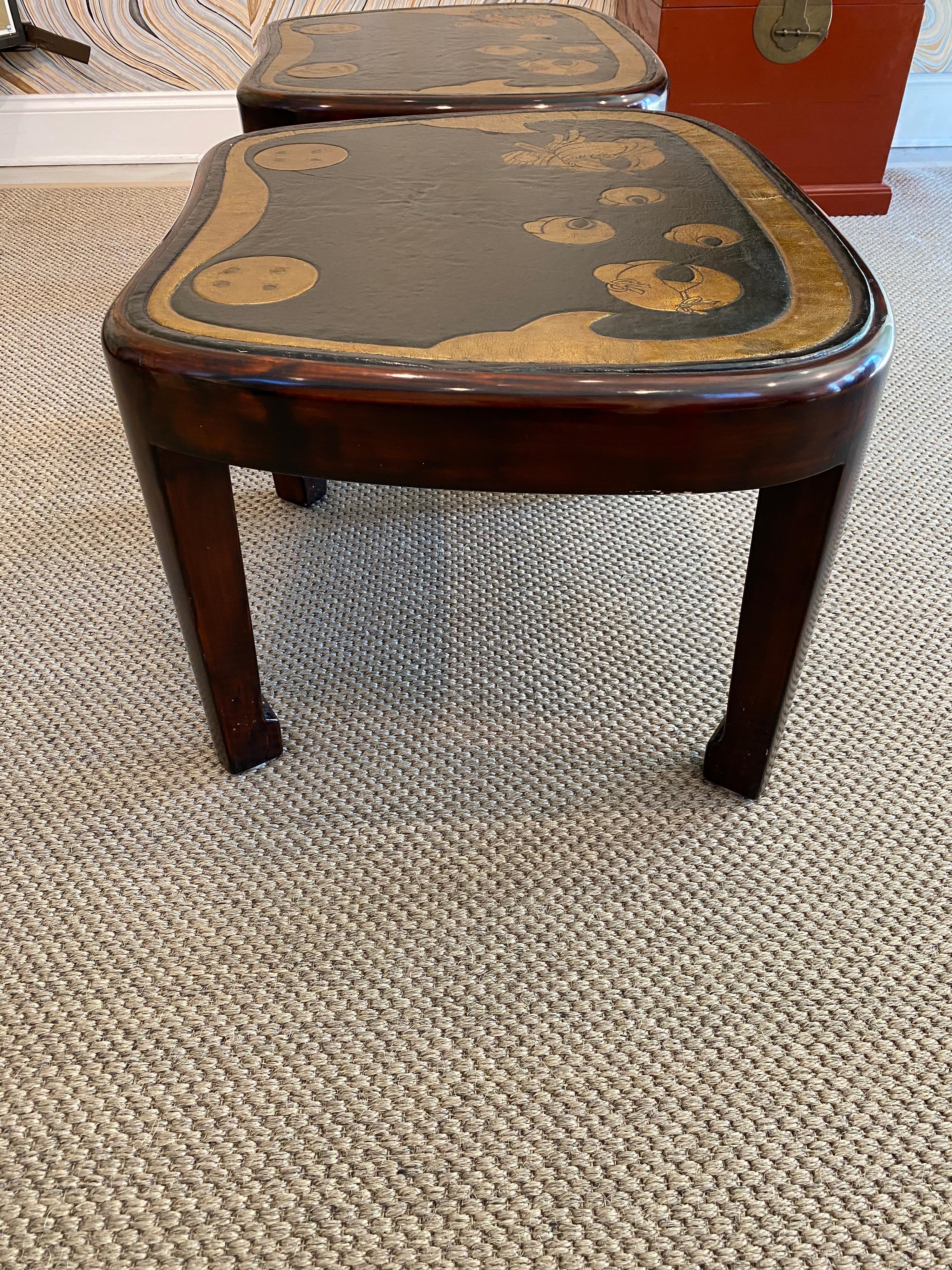 Pair of Lacquer Tables with Antique Japanese Leather Tops Aorigawa For Sale 6