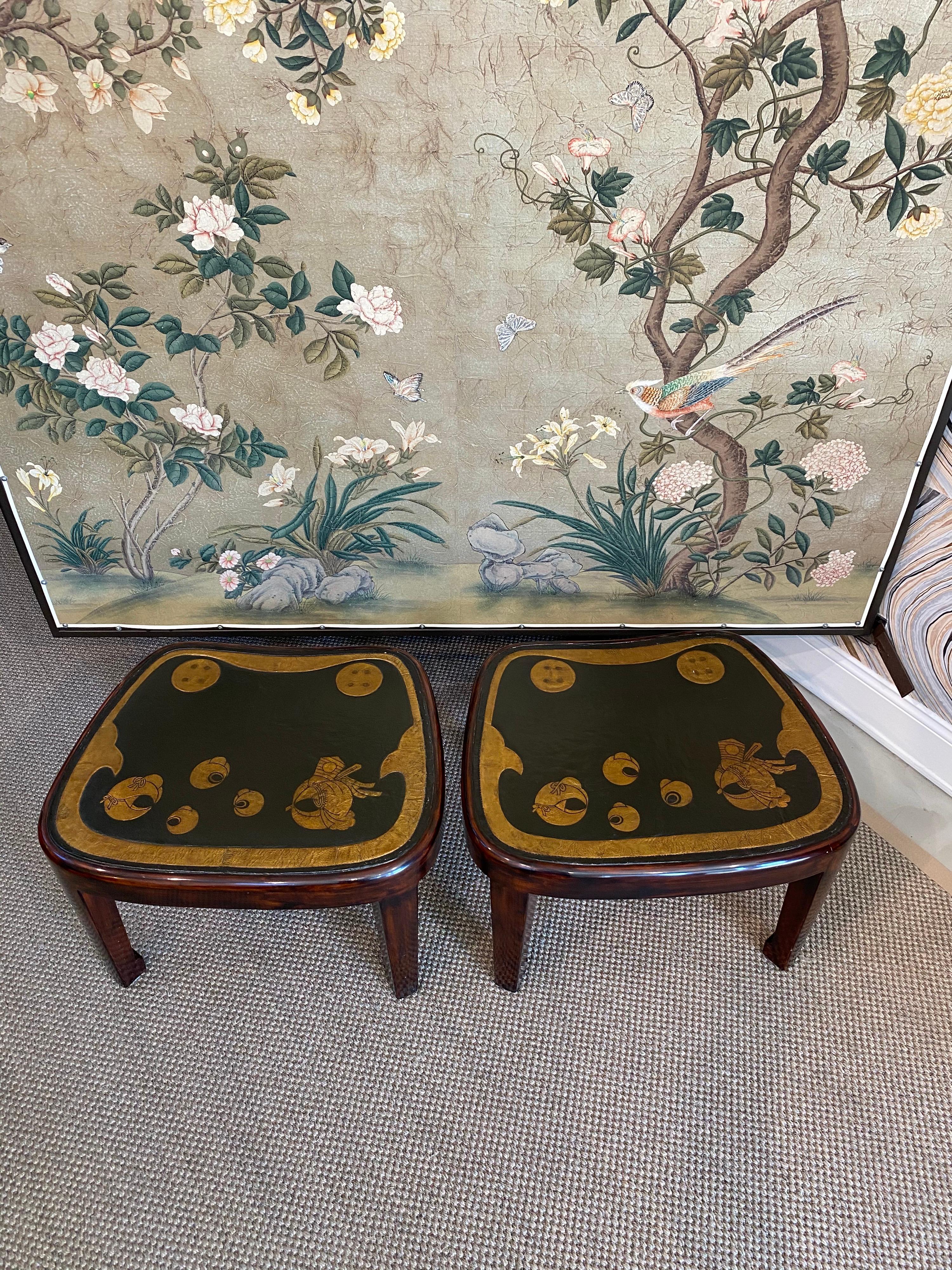 Pair of Lacquer Tables with Antique Japanese Leather Tops Aorigawa For Sale 1