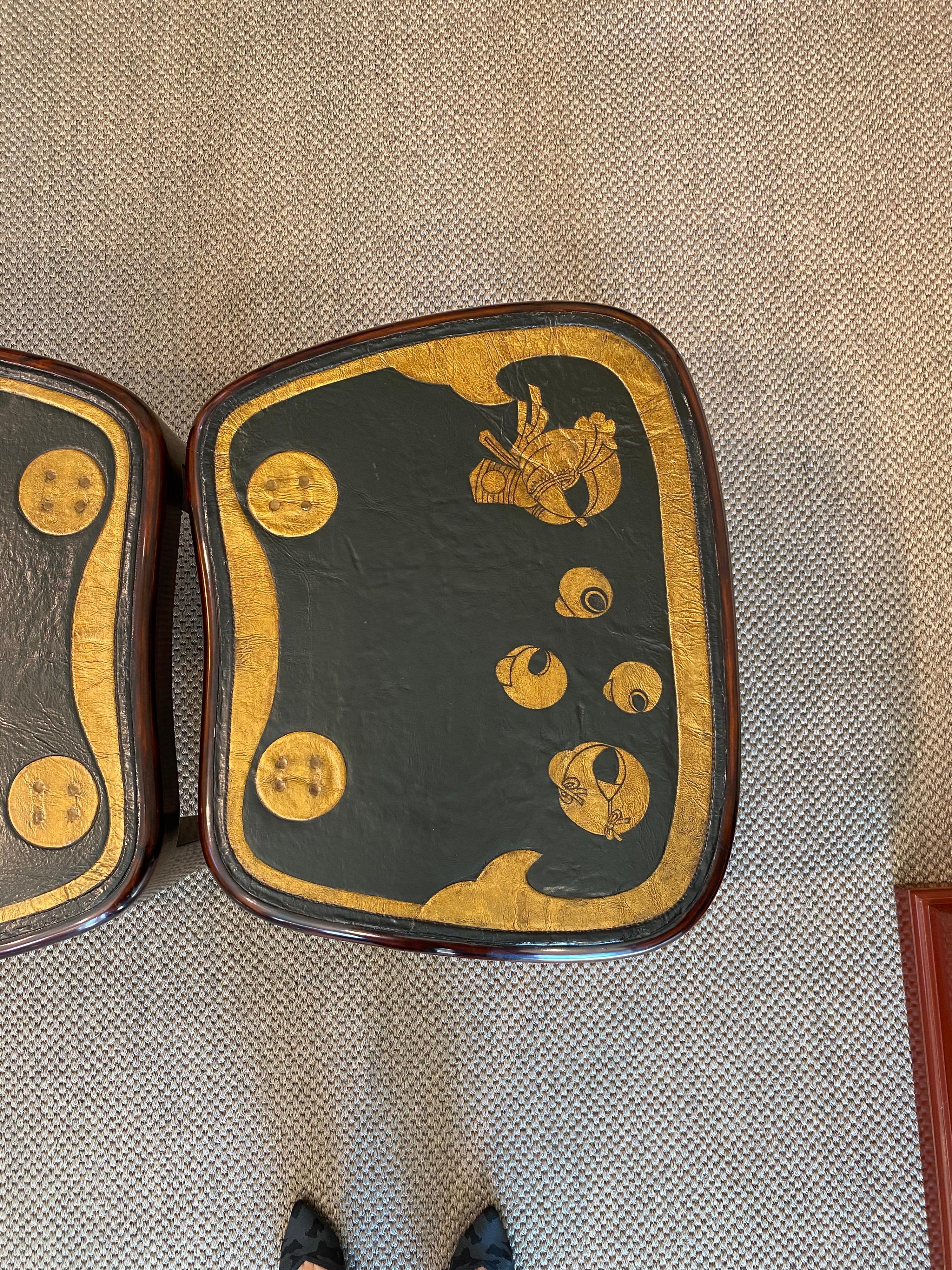 Pair of Lacquer Tables with Antique Japanese Leather Tops Aorigawa For Sale 2