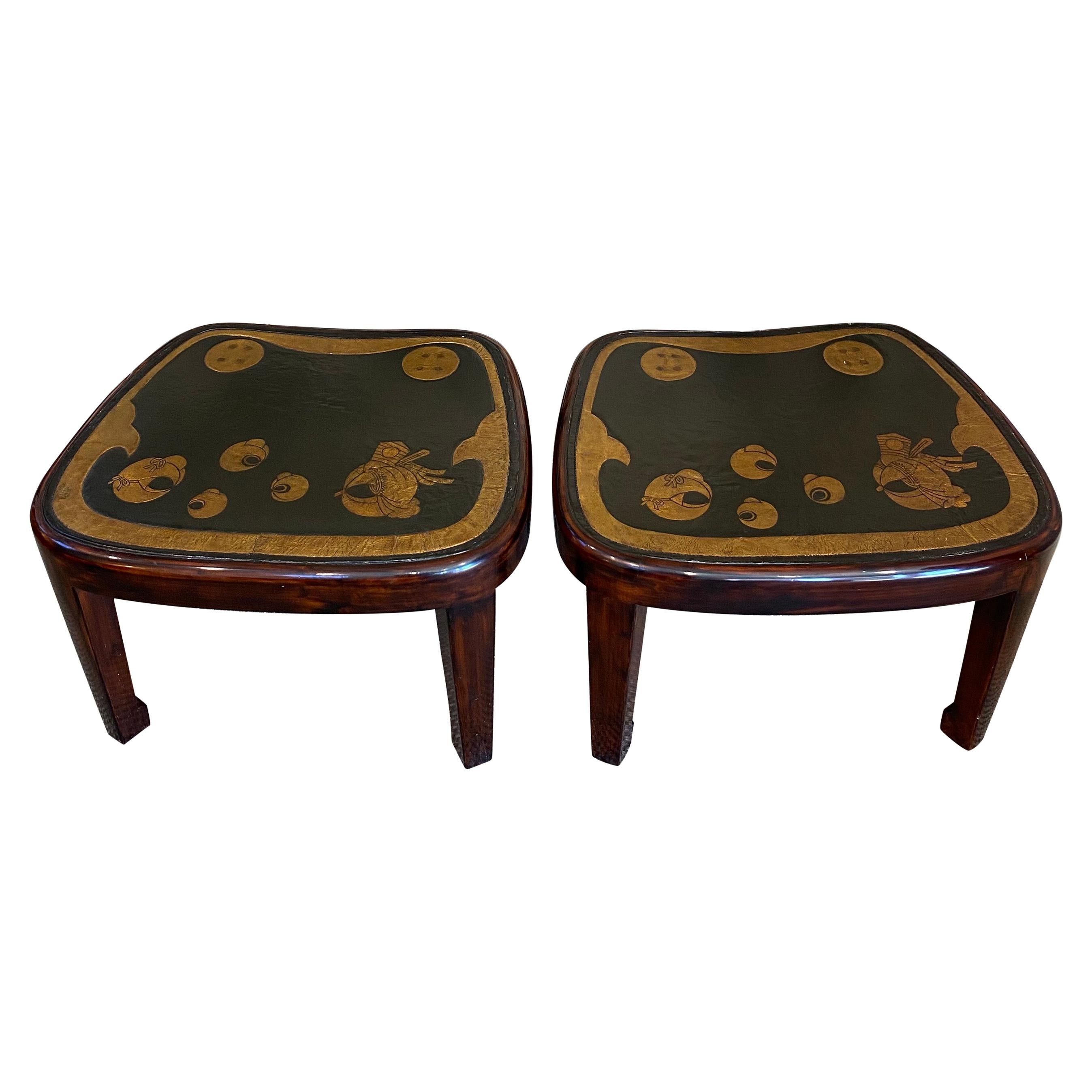 Pair of Lacquer Tables with Antique Japanese Leather Tops Aorigawa For Sale