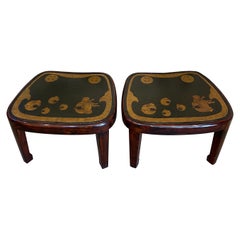 Pair of Lacquer Tables with Antique Japanese Leather Tops Aorigawa