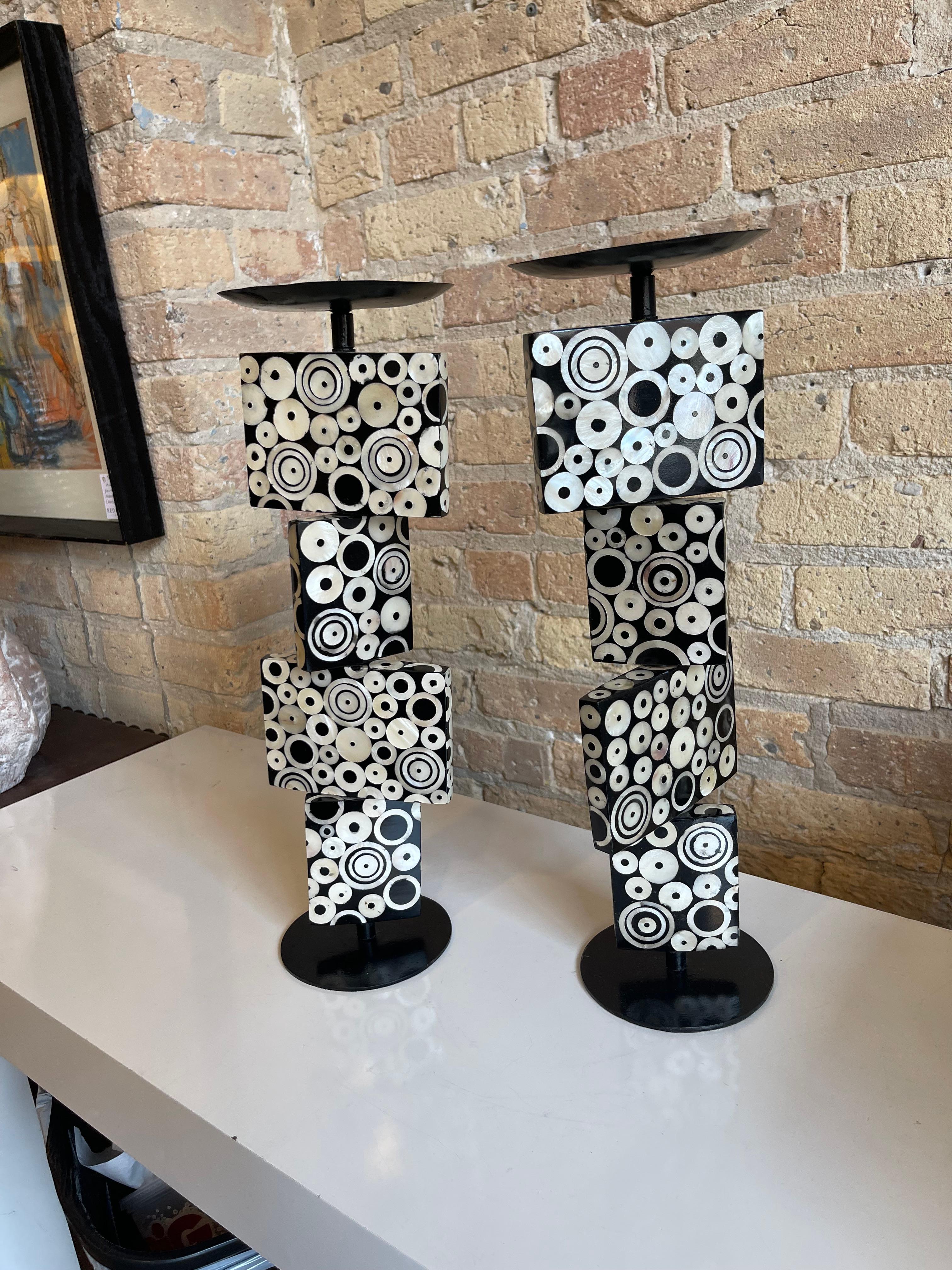 Pair of  Lacquer Wood and Mother of Pearl Candlesticks by R and Y Agousti In Good Condition For Sale In Chicago, IL