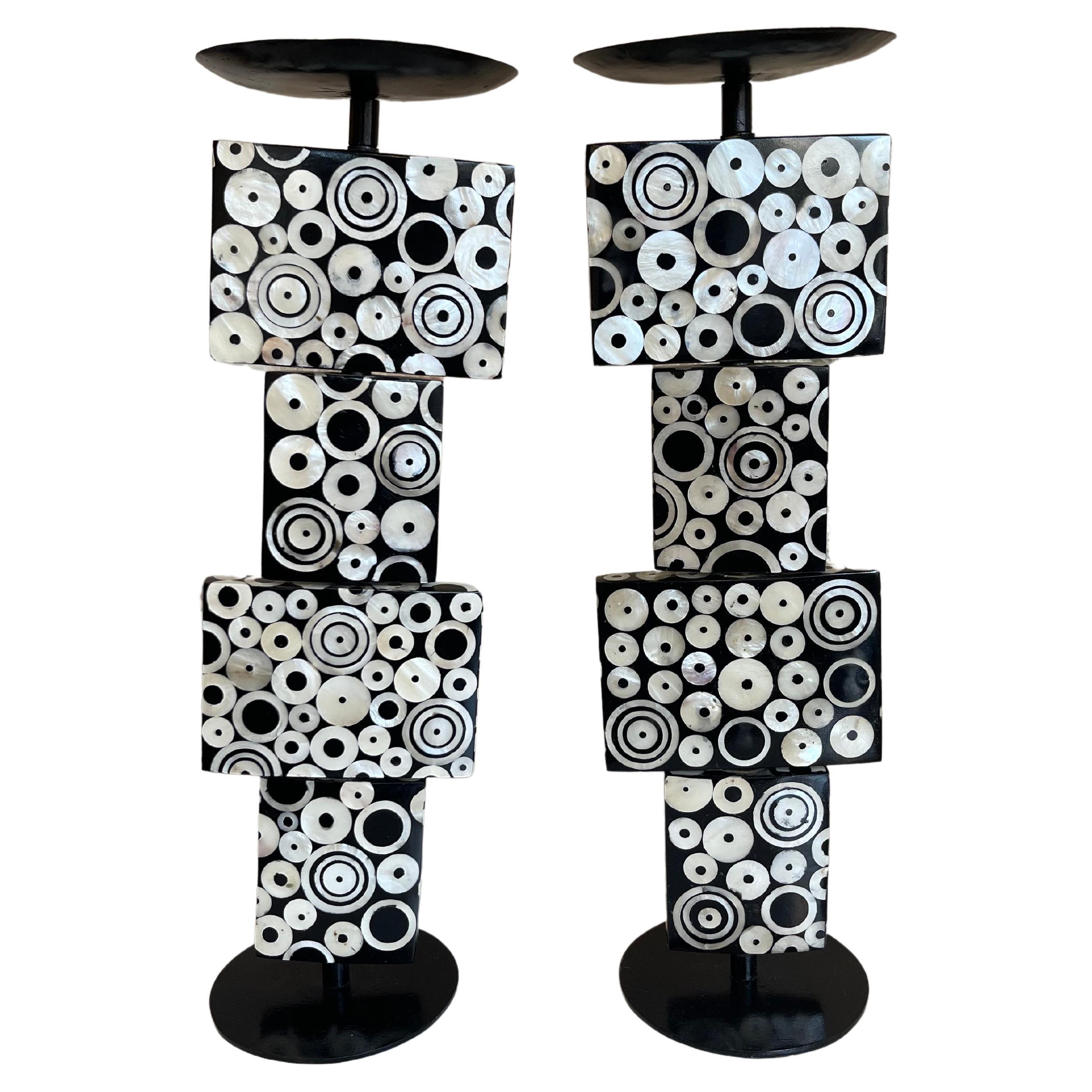 Pair of  Lacquer Wood and Mother of Pearl Candlesticks by R and Y Agousti For Sale