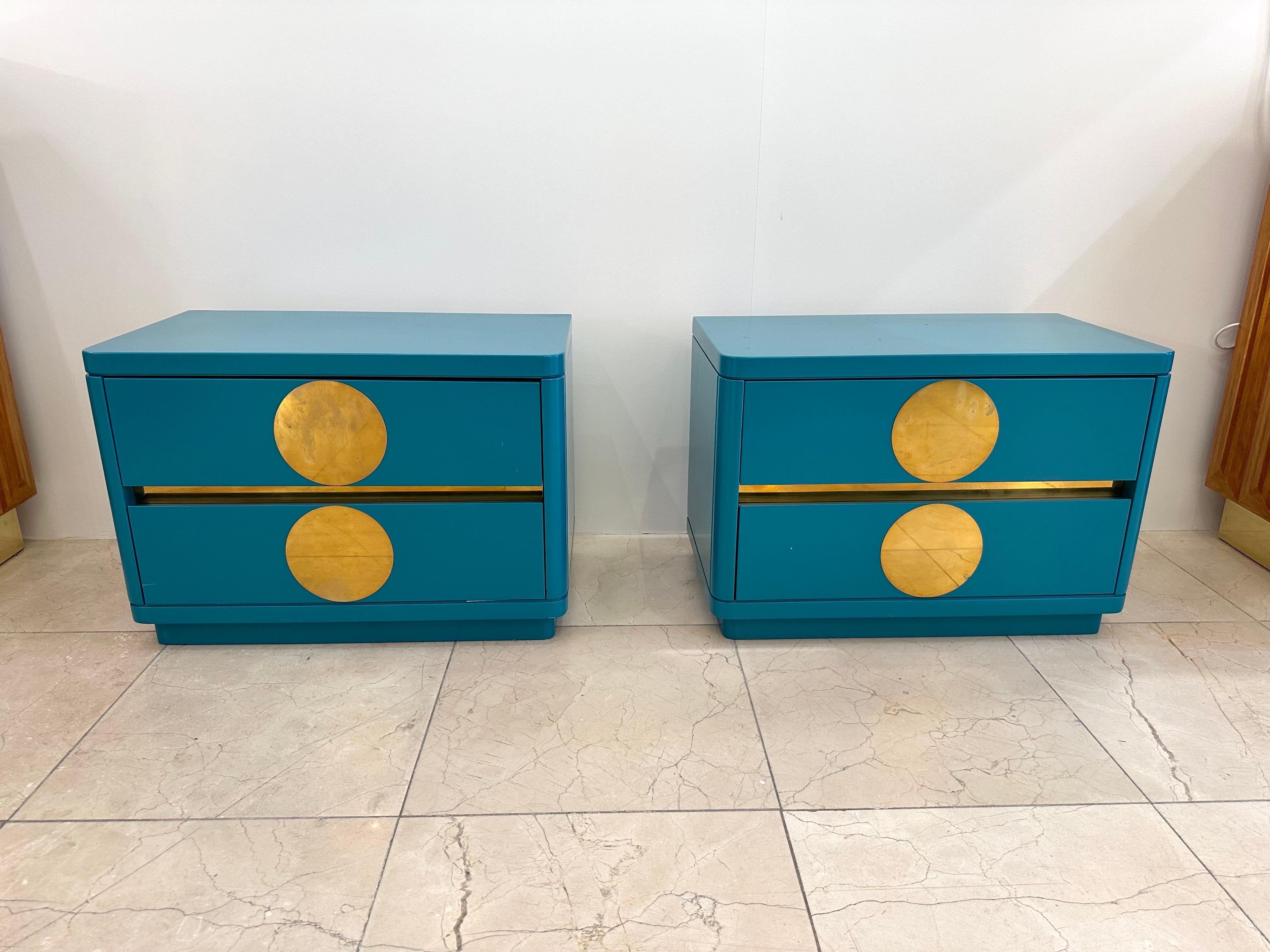 French Pair of Lacquered and Brass Bedside Tables. Italy.