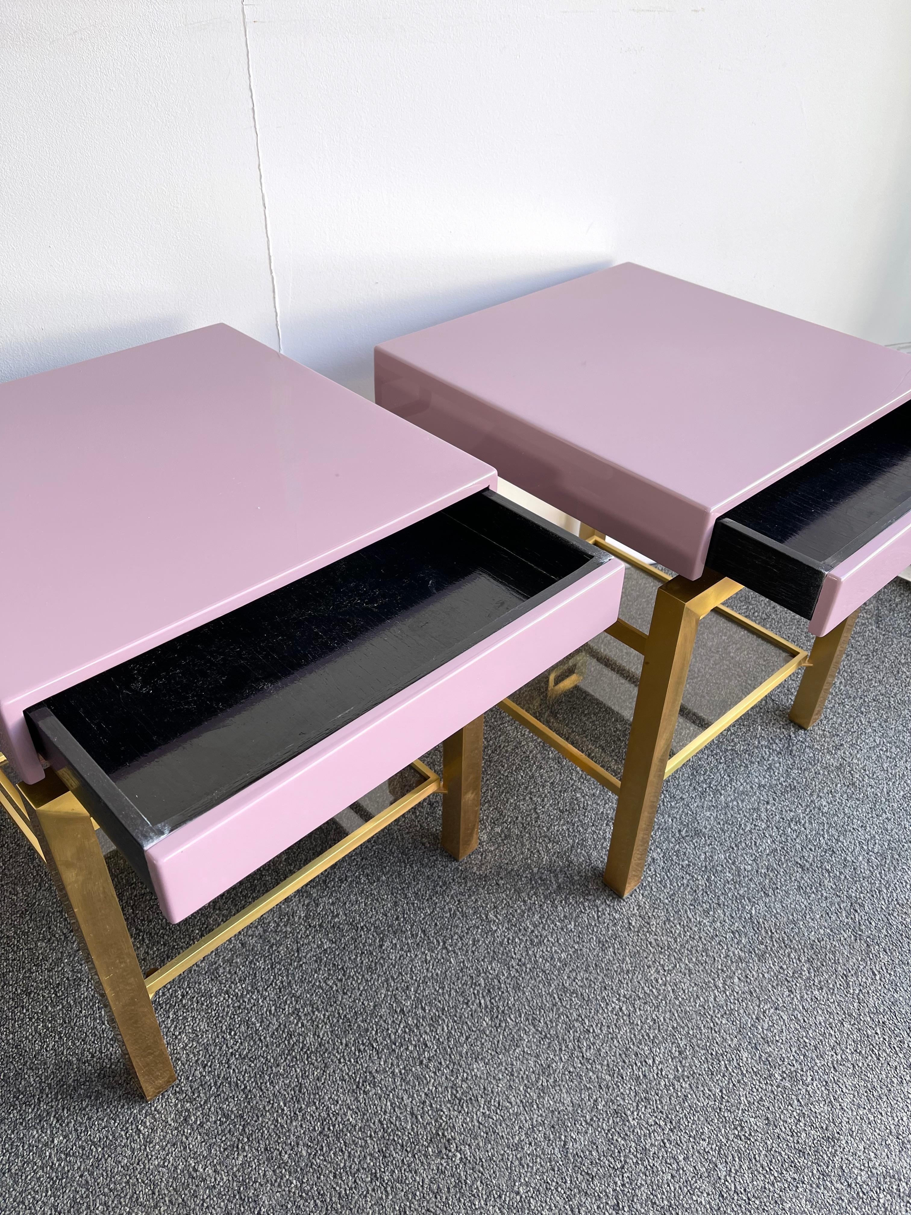 Mid-Century Modern Pair of Lacquered and Brass Nightstands by Guy Lefevre, France, 1970s