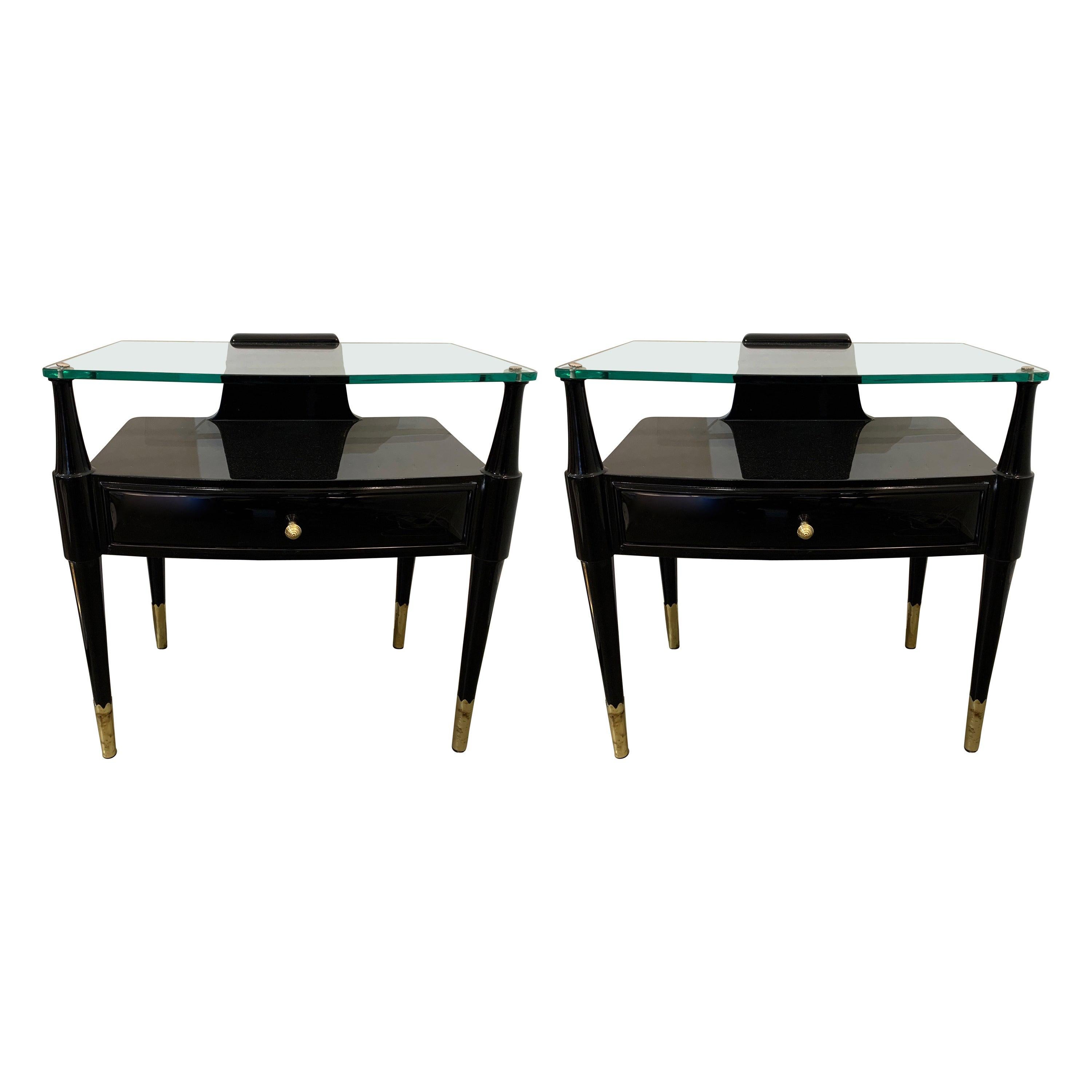 Pair of Lacquered and Brass Side Table, Italy, 1950s