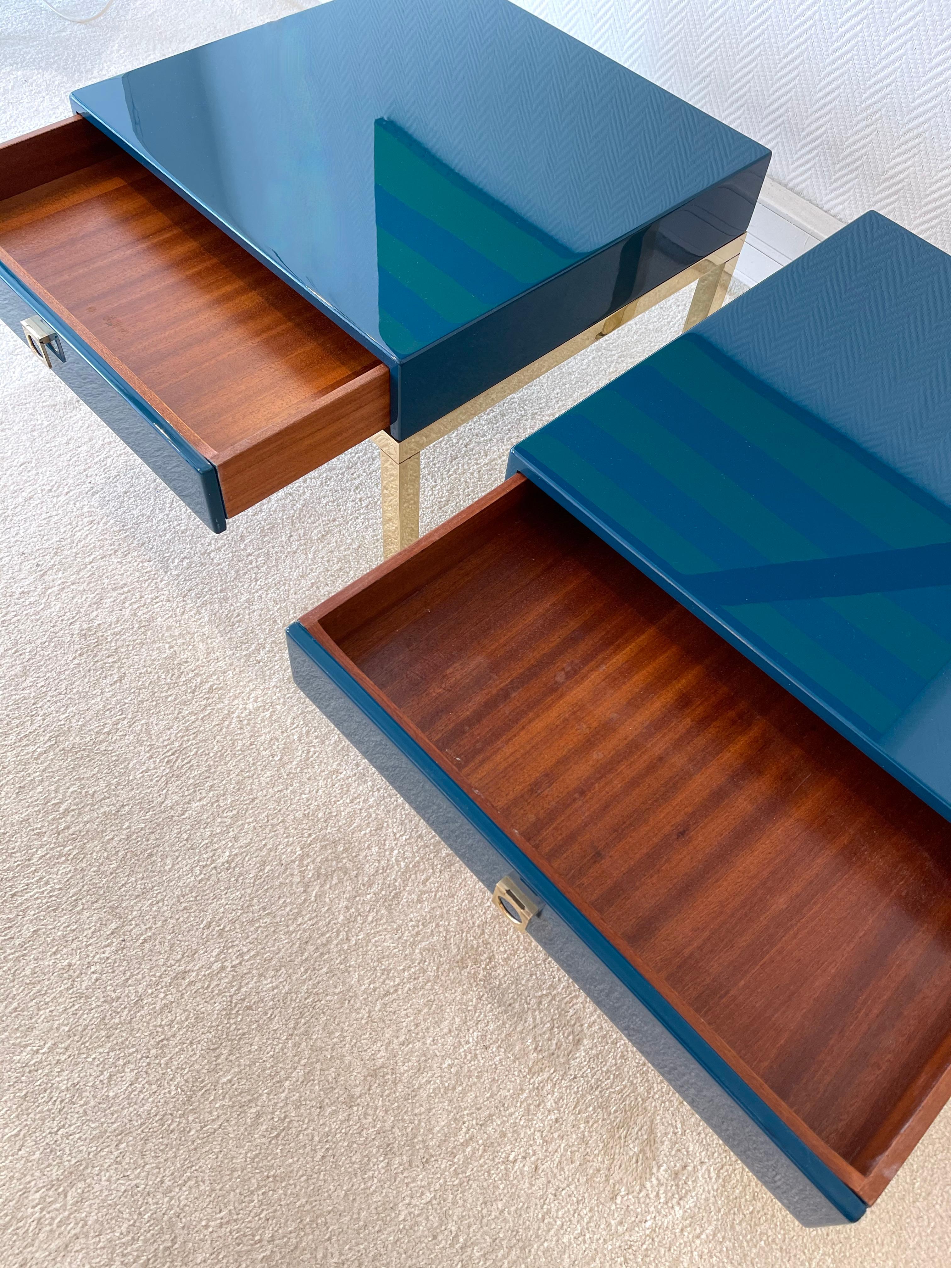 Pair of blue lacquered and brass feet side end low tables or nightstands by Guy Lefèvre. A part of his production was retail by the Maison Jansen in Paris during the 1970s.