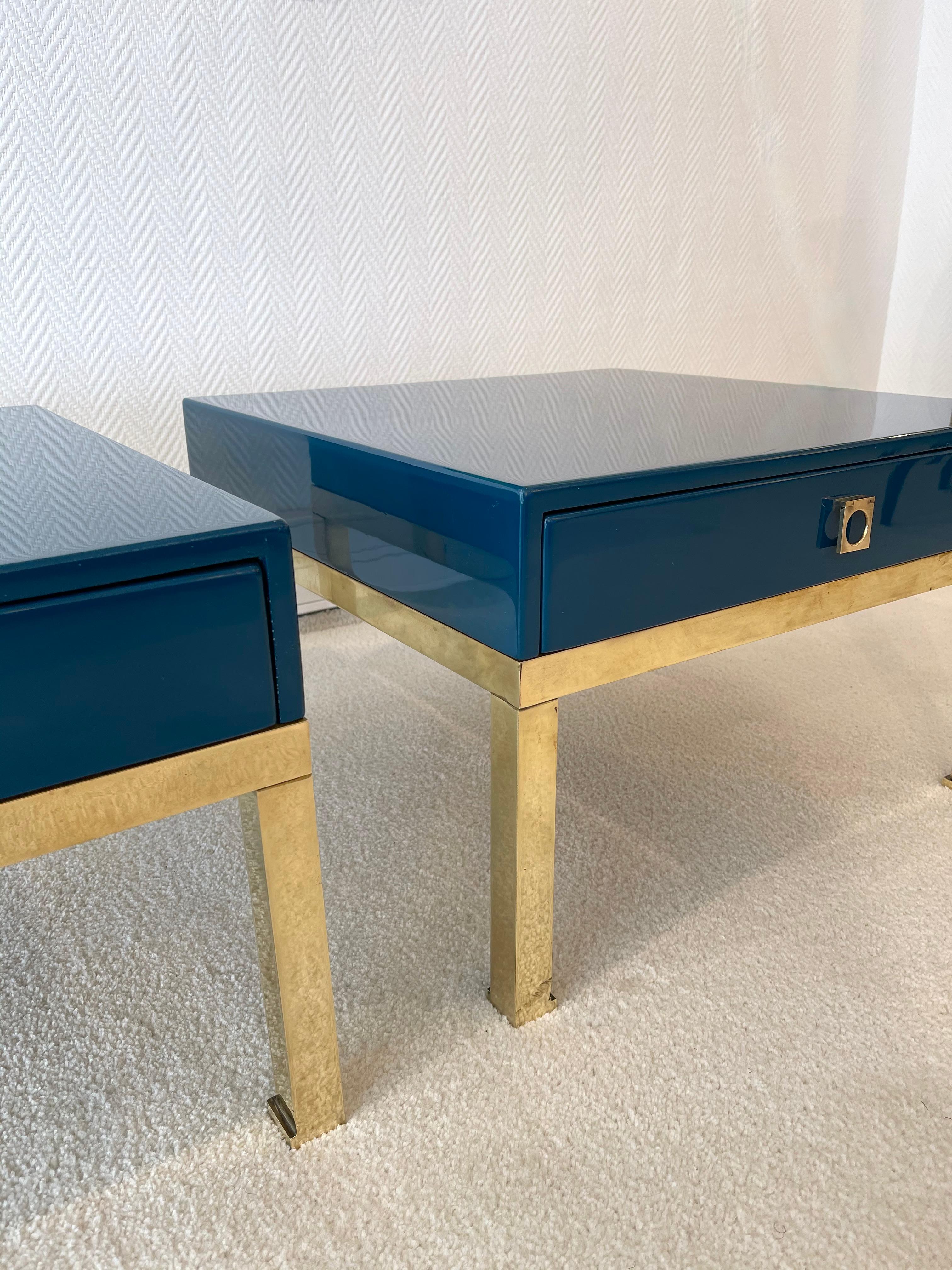 Mid-Century Modern Pair of Lacquered and Brass Side Tables by Guy Lefevre, France, 1970s For Sale