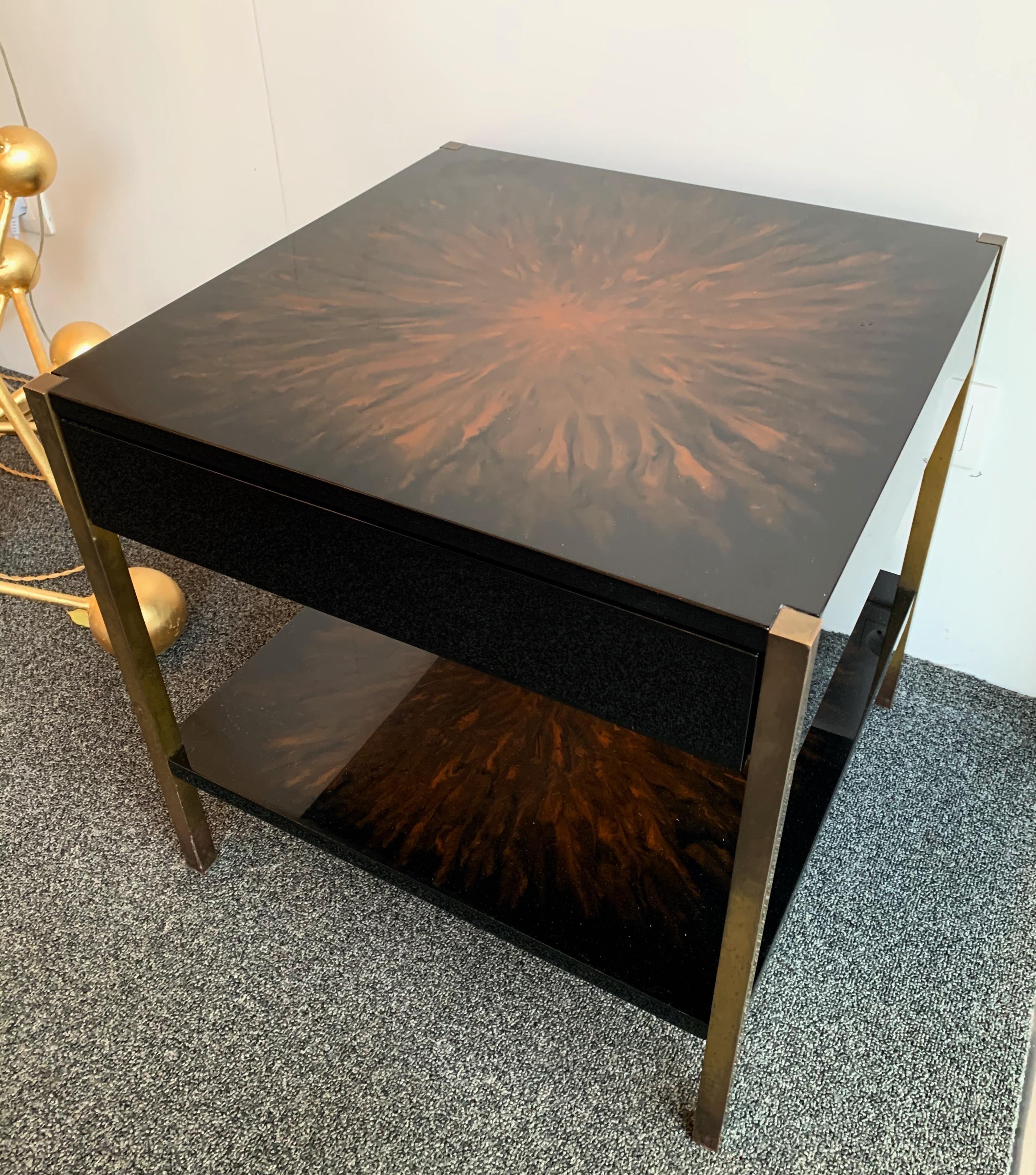 Mid-Century Modern Pair of Lacquered and Bronze Tables by Maison Charles, France, 1970s
