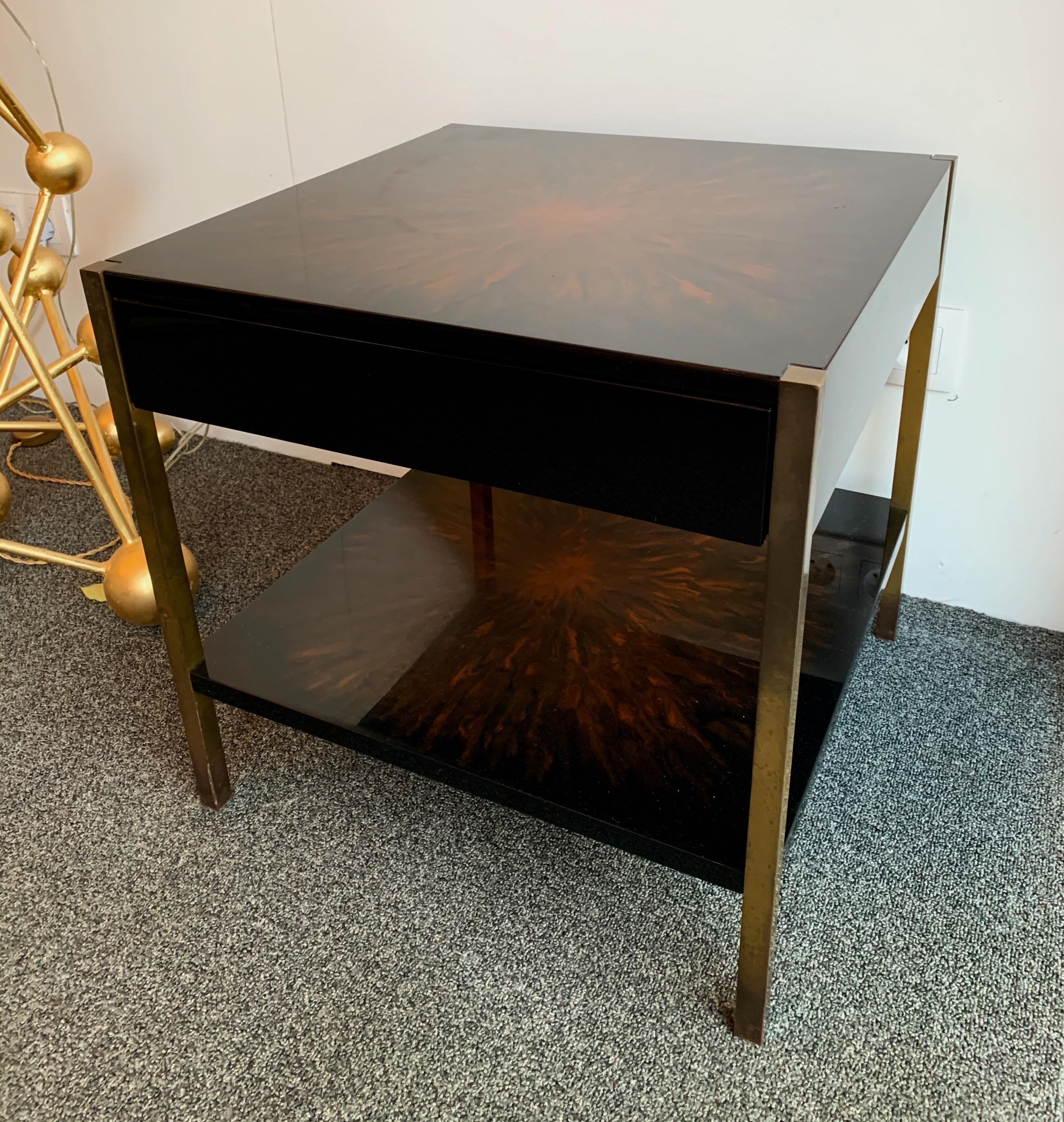 French Pair of Lacquered and Bronze Tables by Maison Charles, France, 1970s